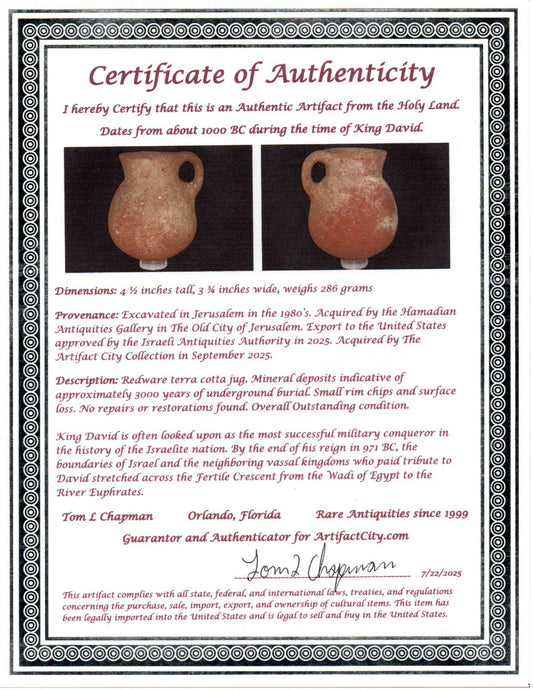 Ancient Holy Land Artifact King David Jug Land of Jesus Christ 1000 BC COA 21