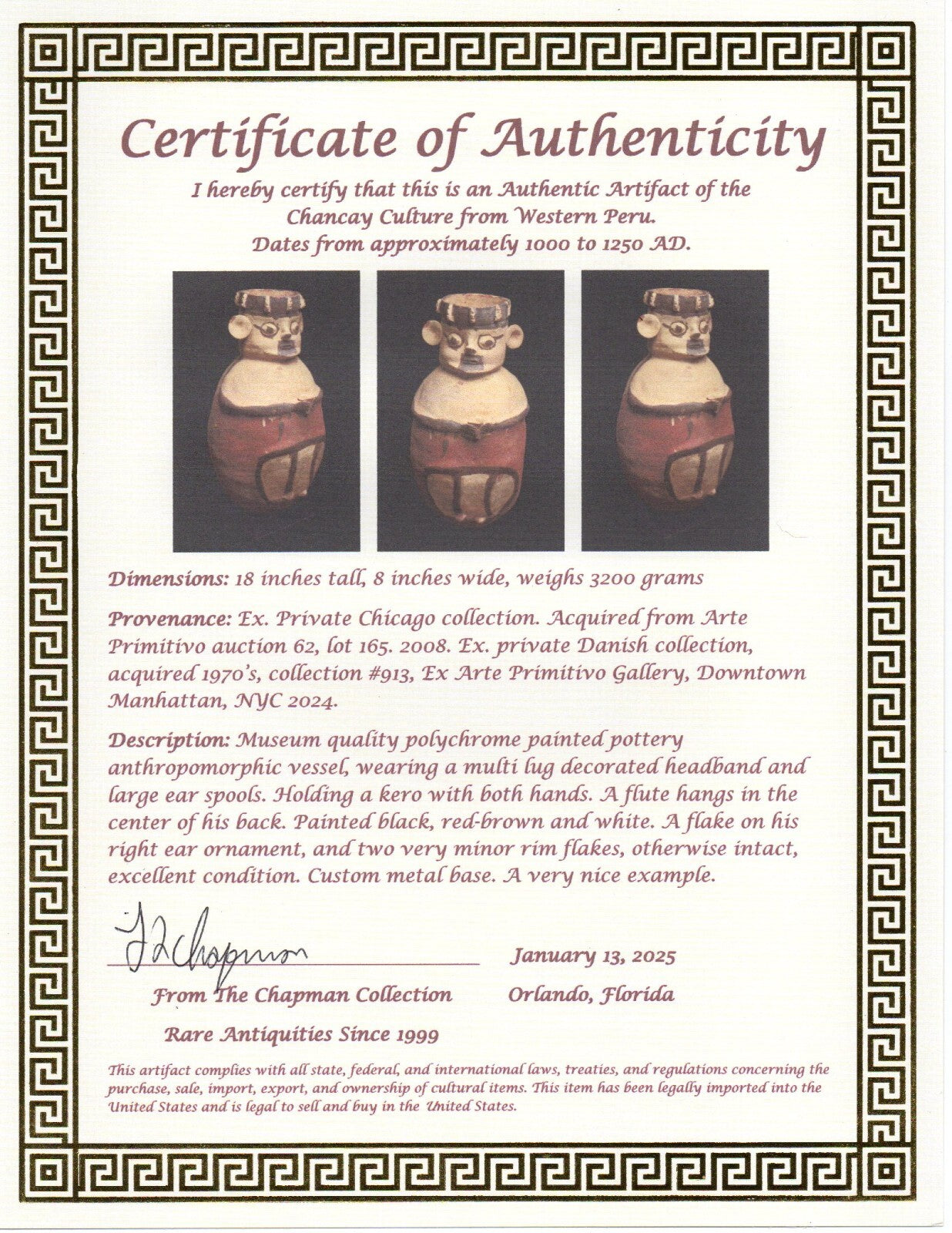 Pre Columbian Artifact Authentic 18 Inch Chancay Man Ex Arte Primitivo COA T106