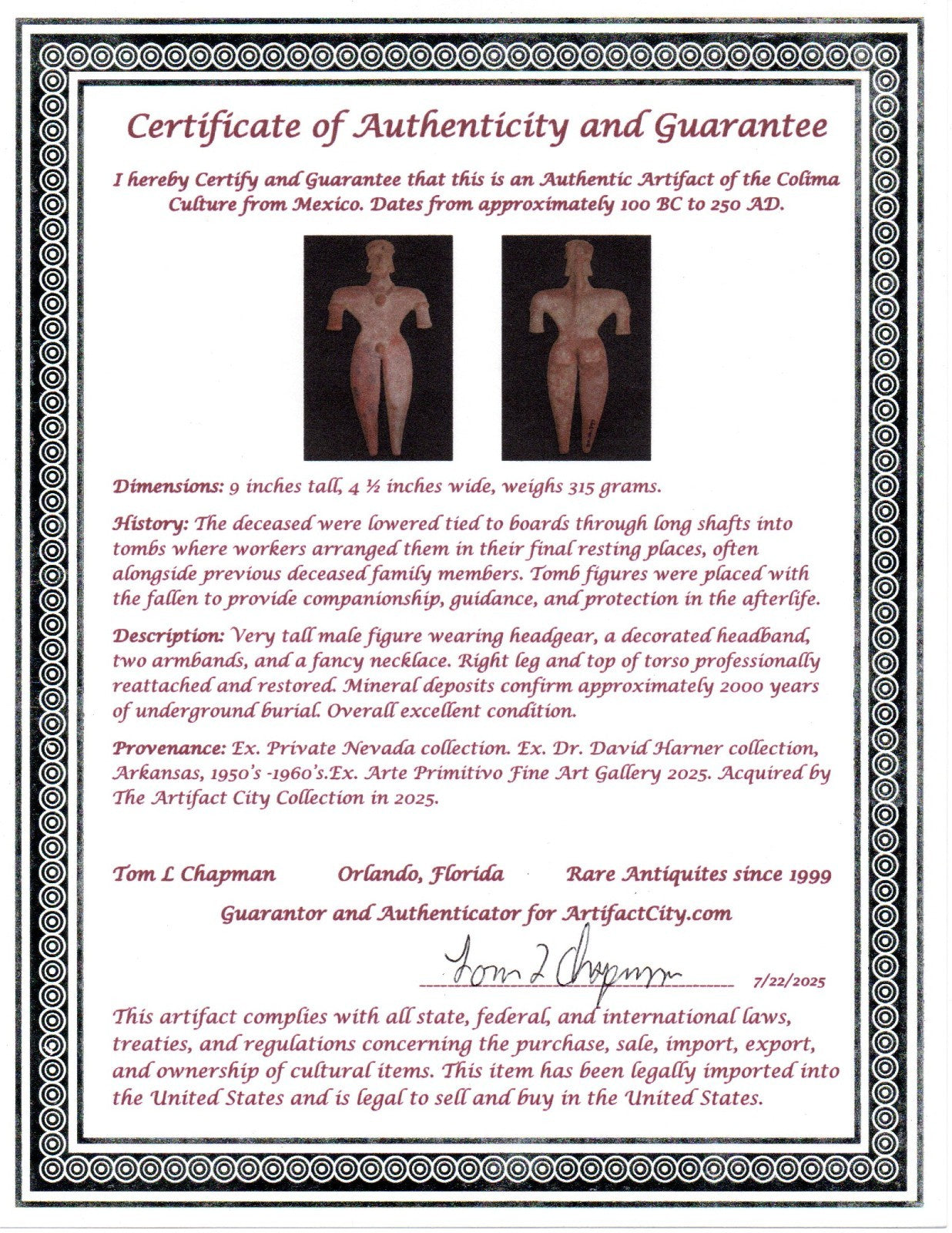 Pre Columbian Artifact Huge 9 Inch Tall Tomb Figure Colima Mexico 100 BC COA 233