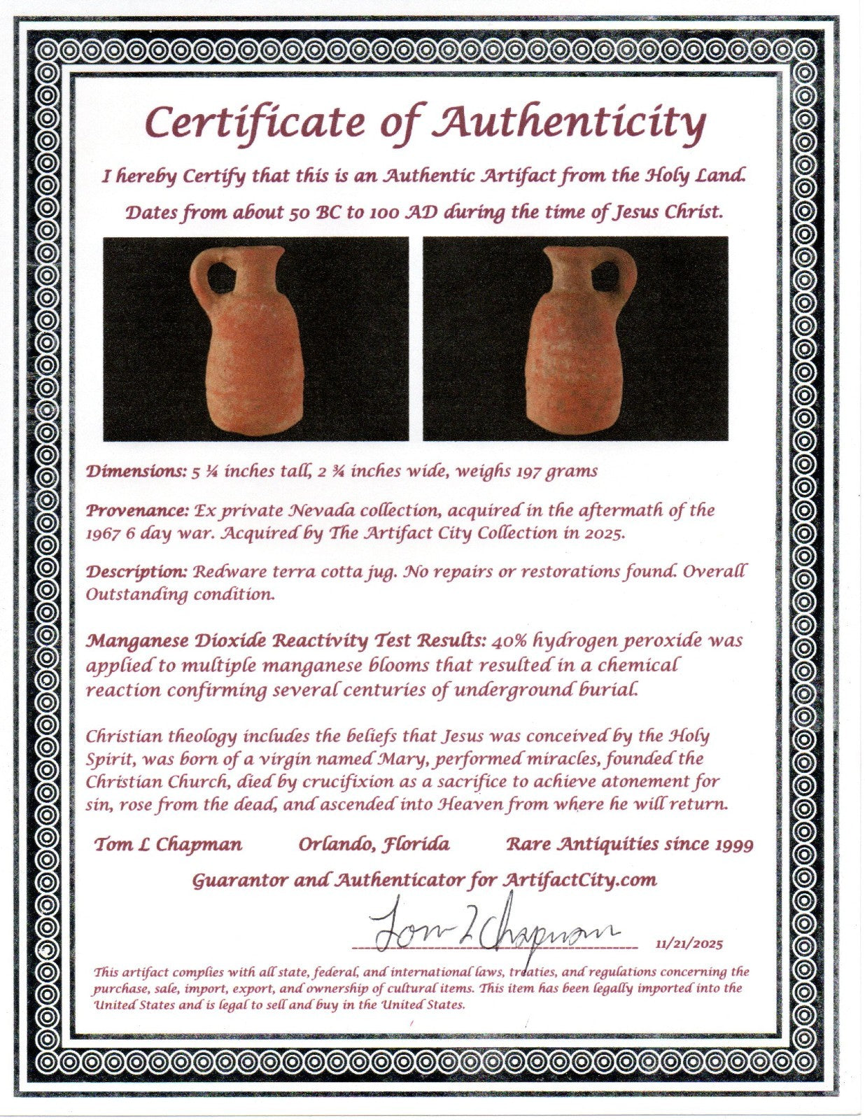 Time of Jesus Christ Ancient Holy Land Artifact Herodian Jug 50BC - 100AD COA 28