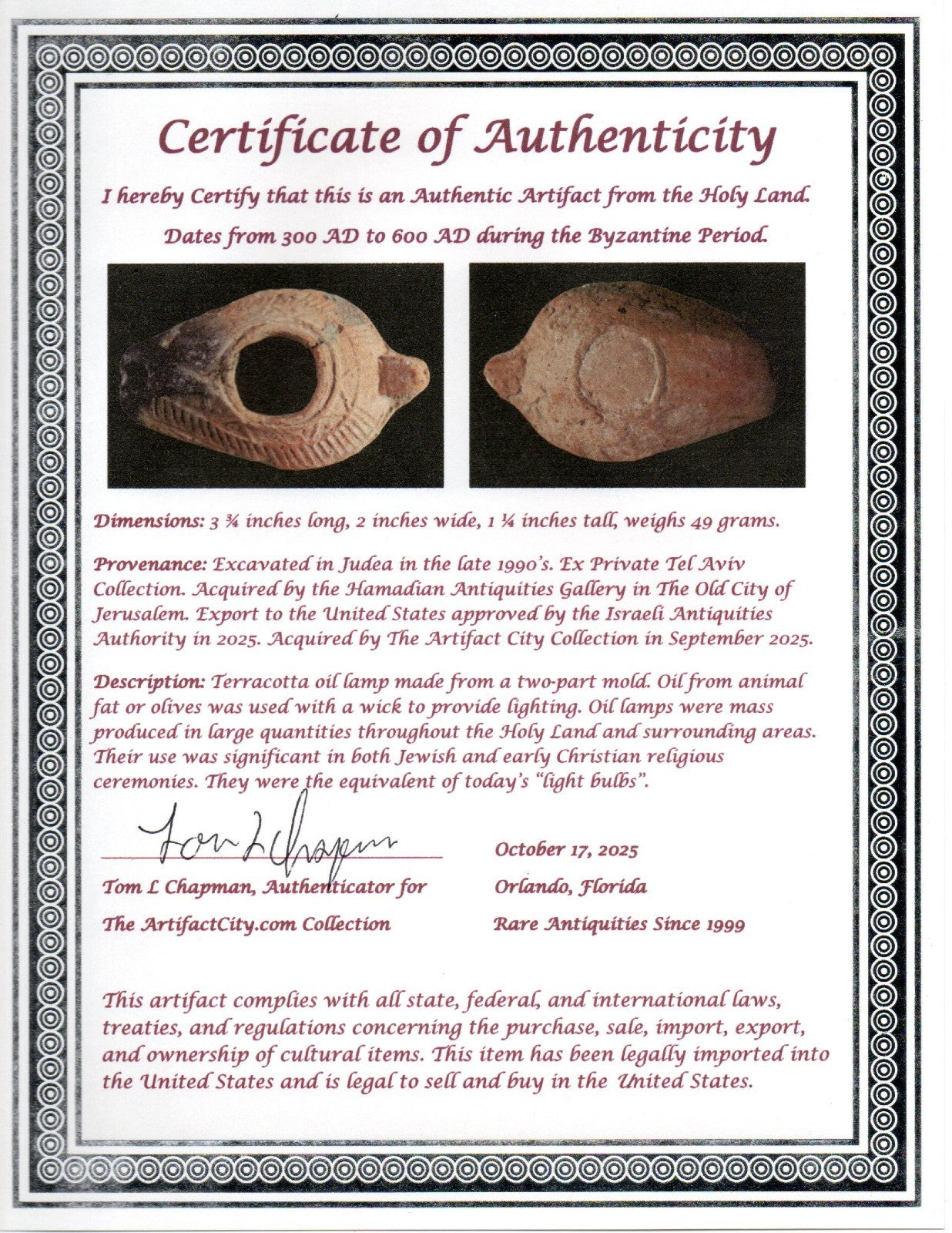 Oil Lamp Holy Land Ancient Artifact Jesus Christ Home Israel 300-600 AD COA 89