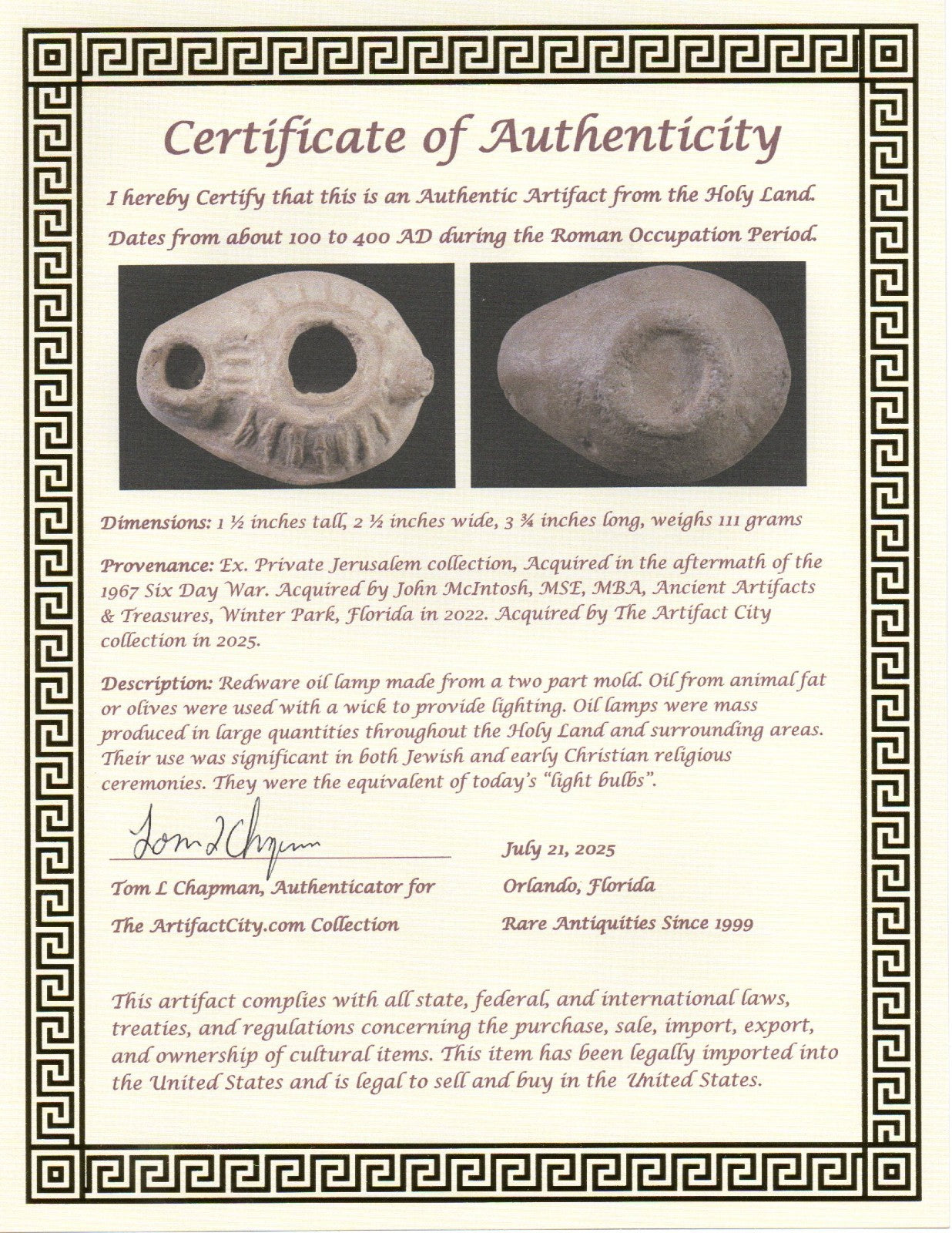 Ancient Holy Land Oil Lamp Artifact Jesus Christ Homeland 100 - 400 AD COA L12