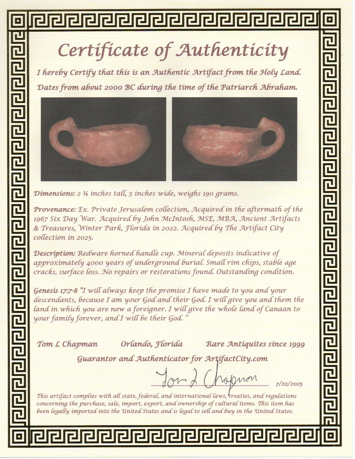 Ancient Holy Land Artifact 4000 Year Old Cup Time of Abraham 2000 BC COA J115