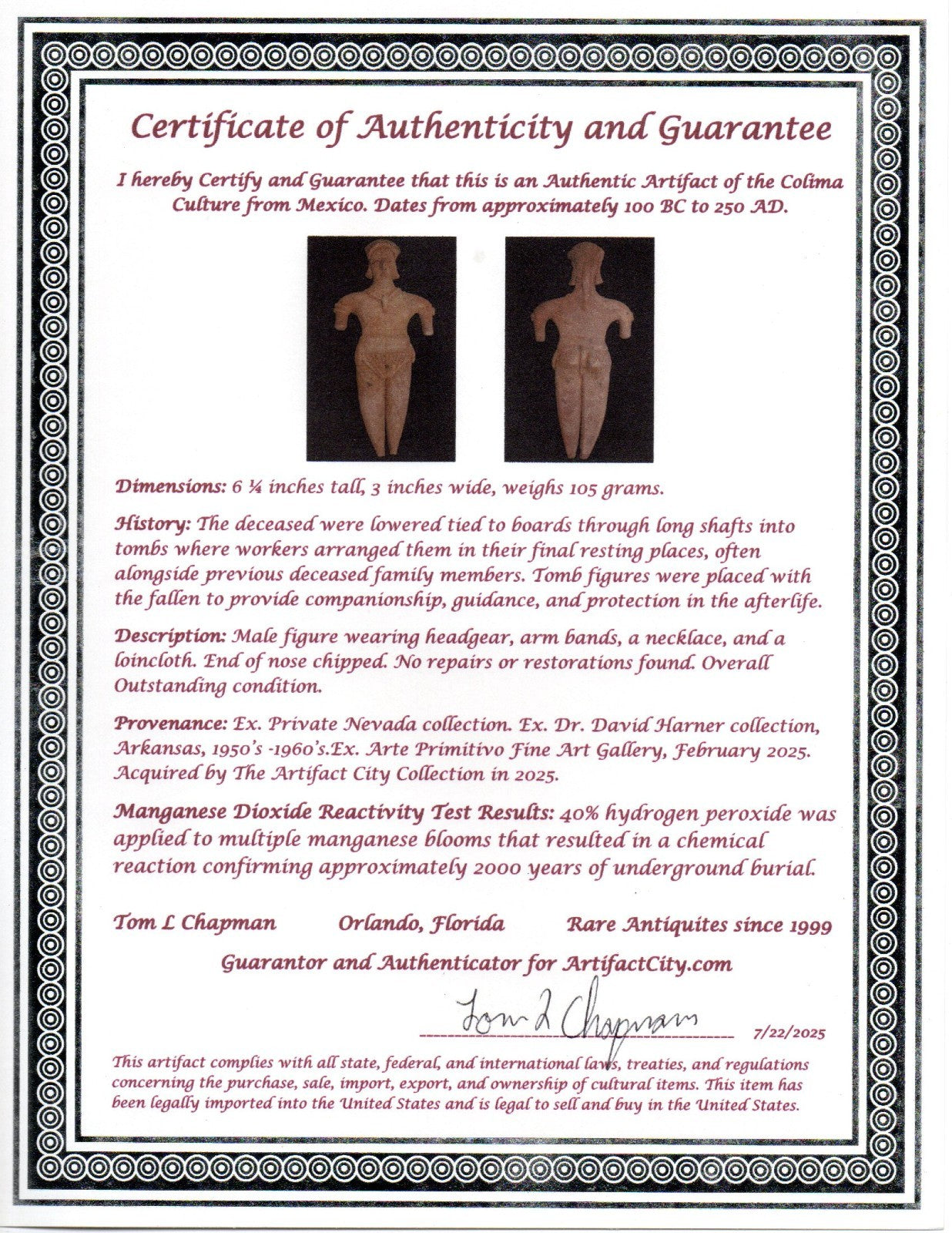 Pre Columbian Artifact 6 Inch Shaft Tomb Figure Colima Mexico 100 BC COA 245