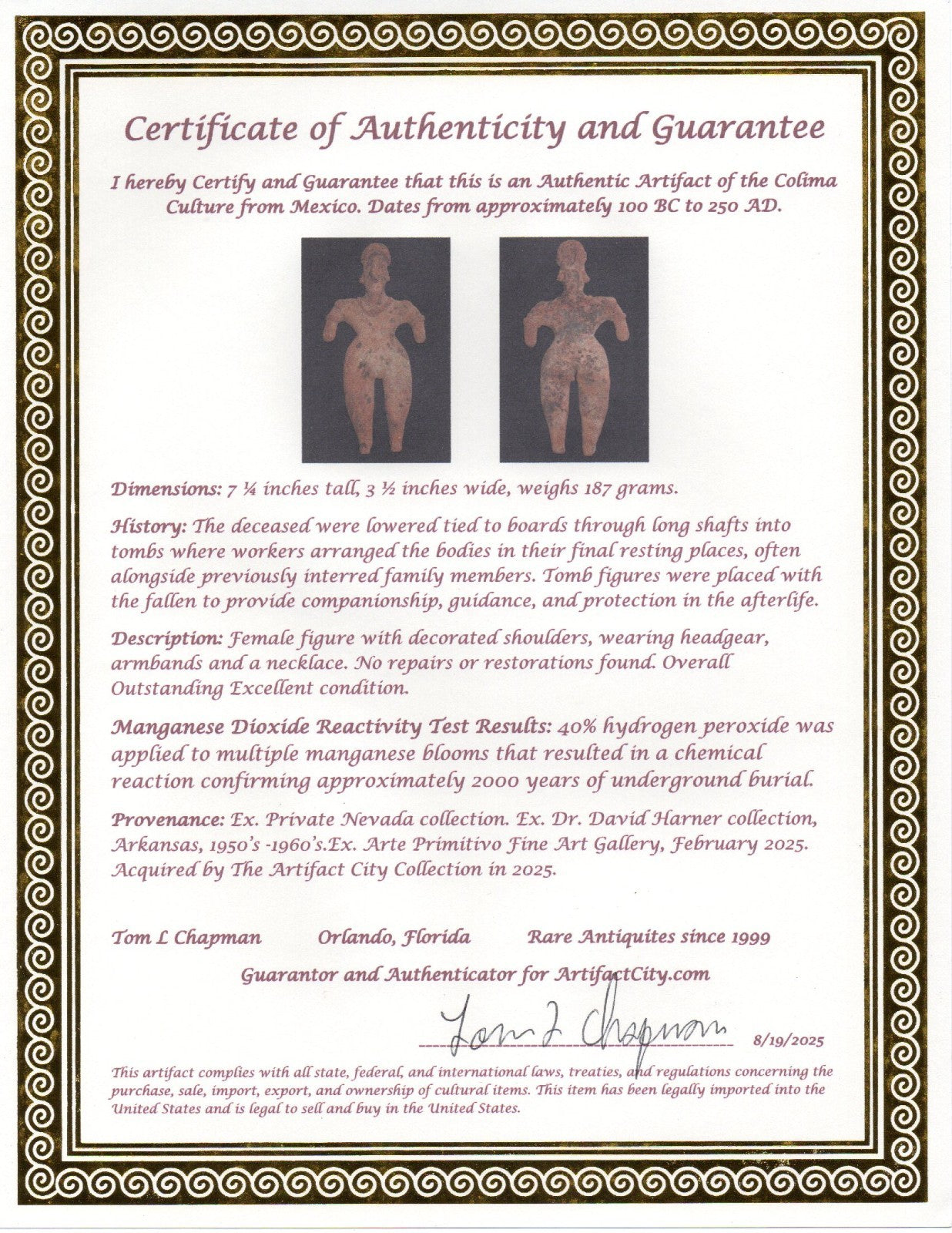 Pre Columbian Artifact 7 inch Female Tomb Figure Colima Mexico 100 BC COA 257