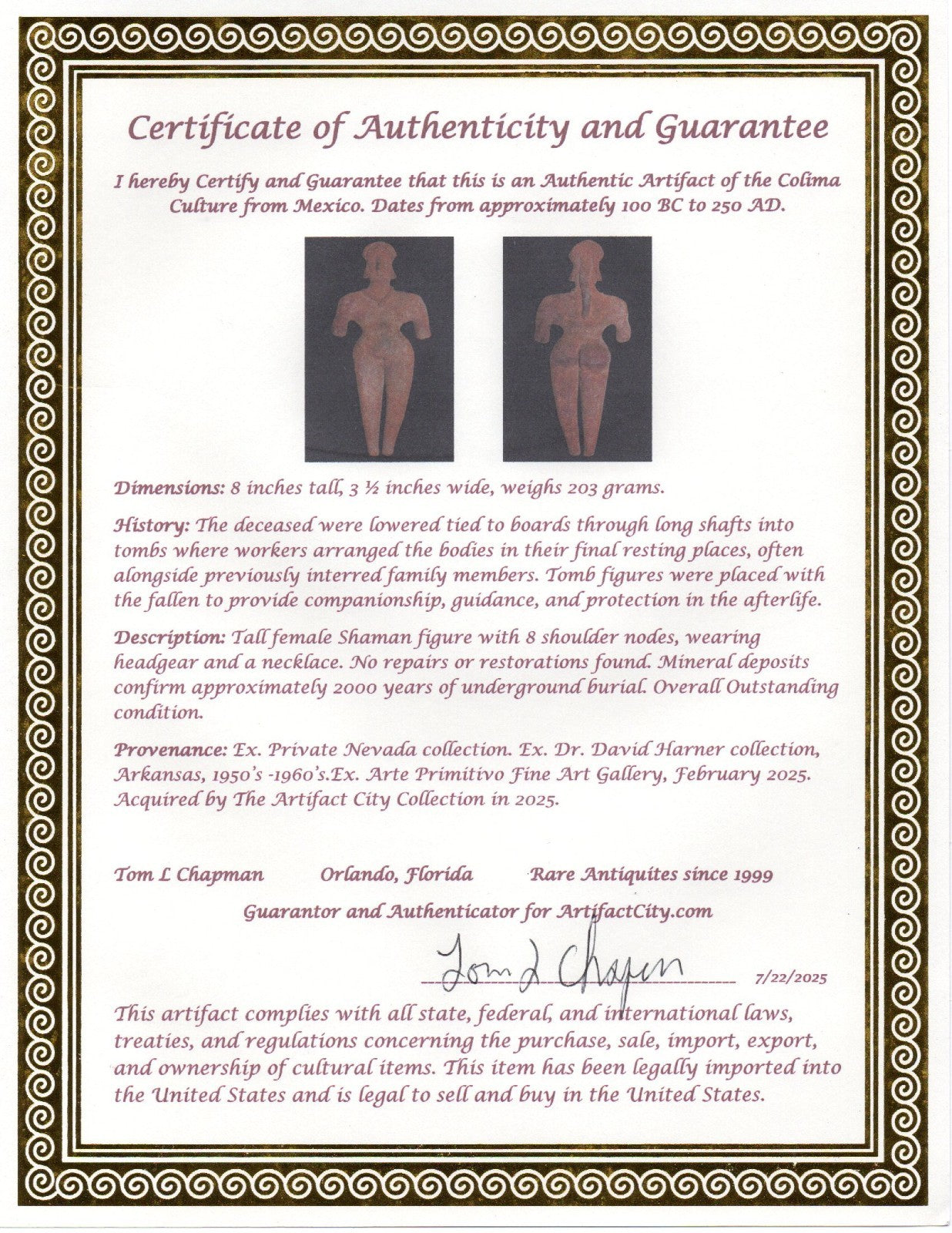 Pre Columbian Artifact BIG Female Shaman Tomb Figure Colima Mexico 100BC COA 250