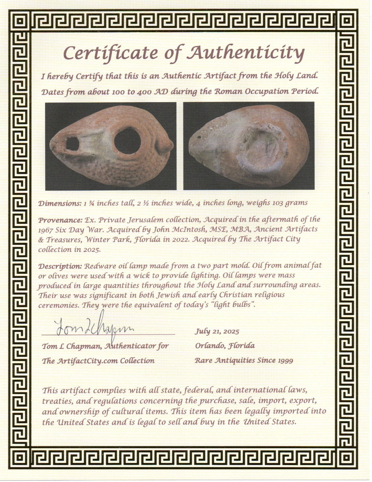 Ancient Holy Land Oil Lamp Artifact Jesus Christ Homeland 100 - 400 AD COA L01