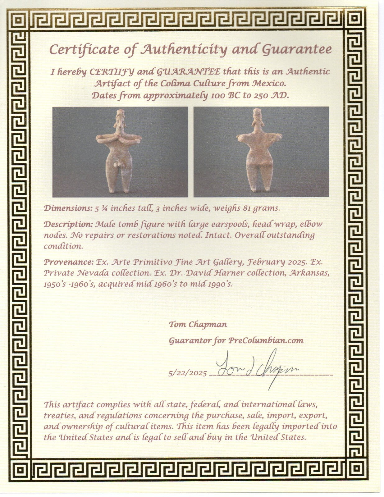 Pre Columbian Artifact Authentic Tomb Figure Colima Mexico 100 BC-250 AD COA 174