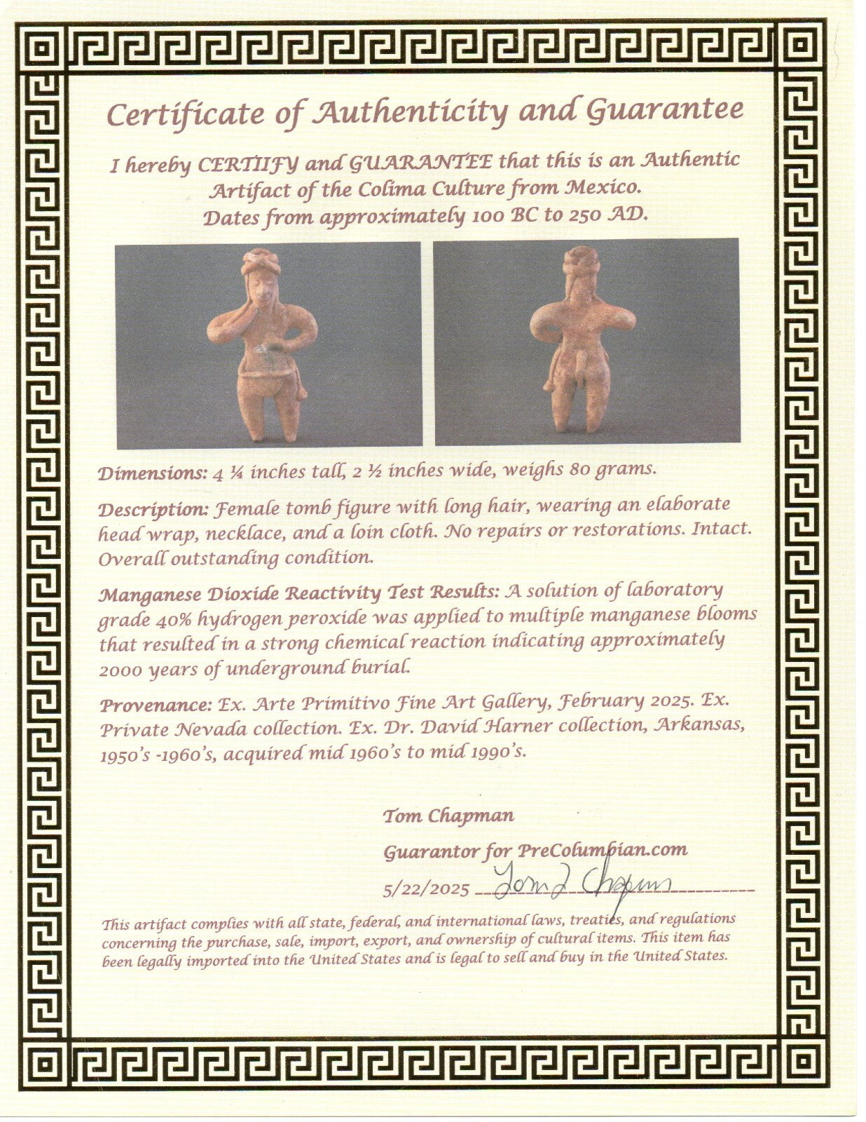 Pre Columbian Artifact Authentic Tomb Figure Colima Mexico 100 BC-250 AD COA 175