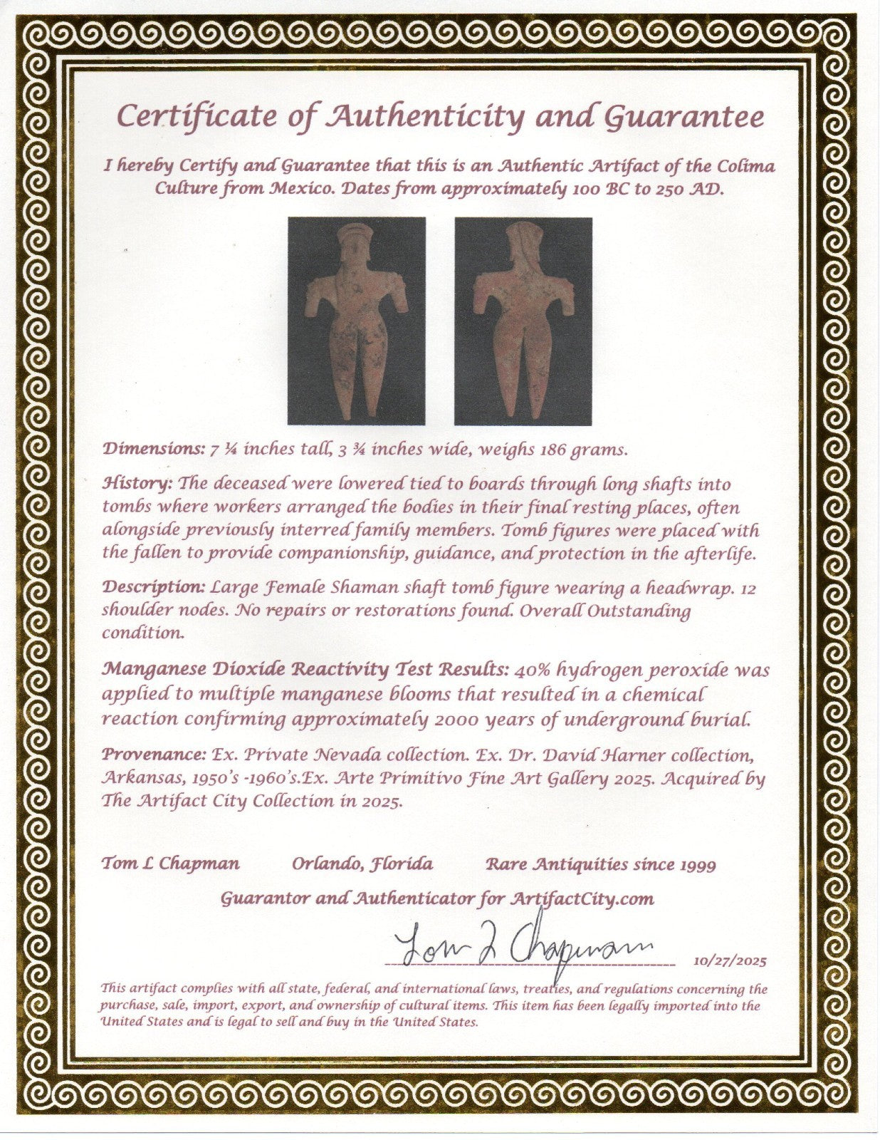 Pre Columbian Artifact 7 Inch Tall Shaft Tomb Figure Colima Mexico 100BC COA 284