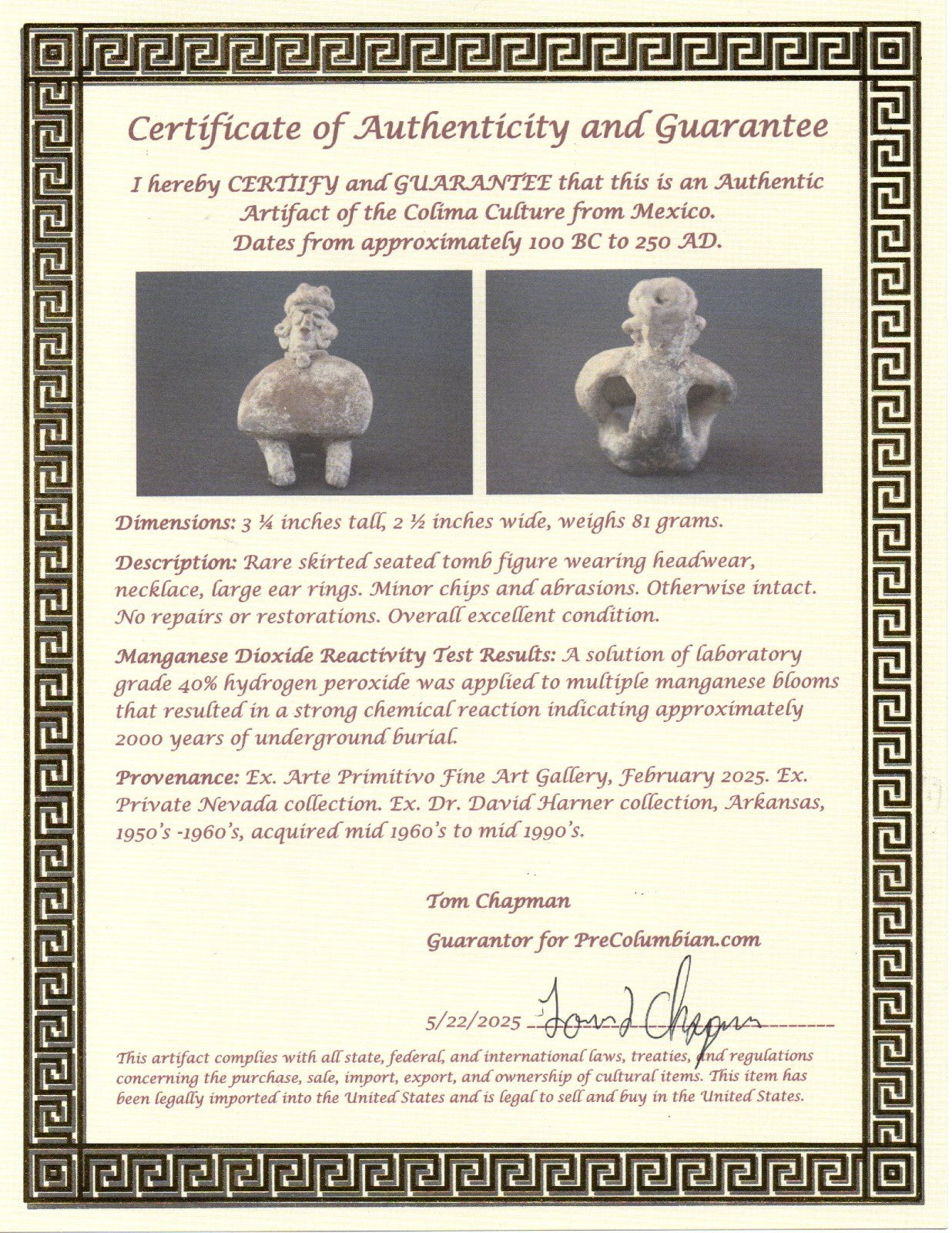 Authentic Pre Columbian Artifact Rare Skirted Tomb Figure Colima Mexico COA 183