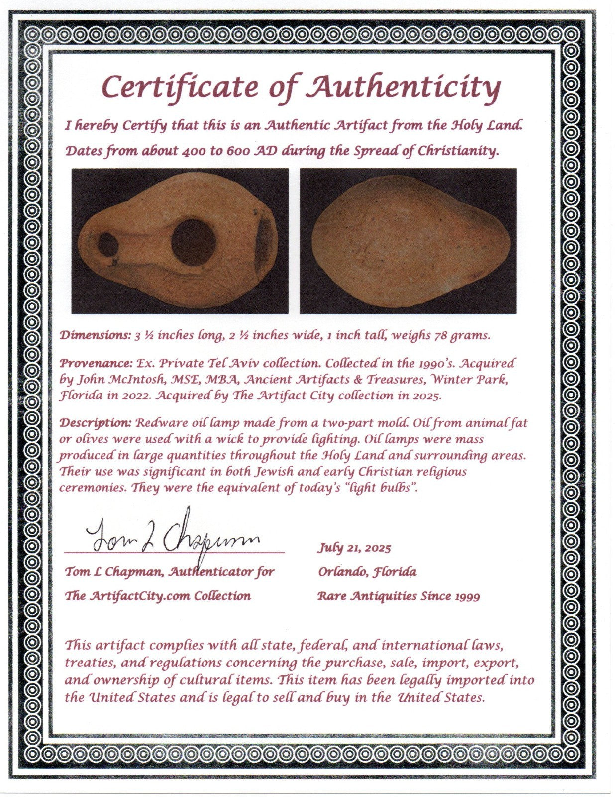 Ancient Holy Land Oil Lamp Artifact  From Jesus Christ Homeland 400-600AD COA 42