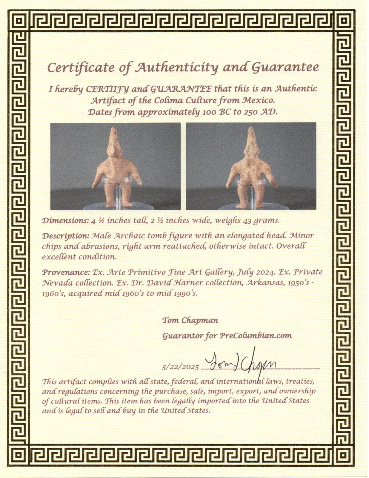 Pre Columbian Artifact Authentic Archaic Tomb Figure Colima Mexico 100BC COA 136