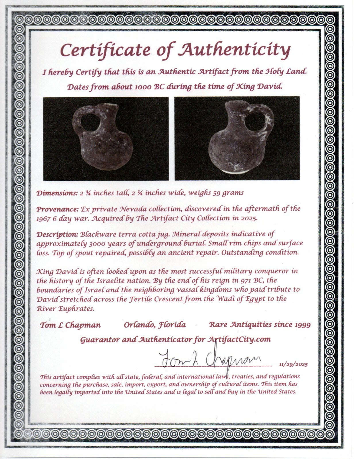 Time of King David Jugglet Ancient Holy Land Artifact Home of Jesus COA 39