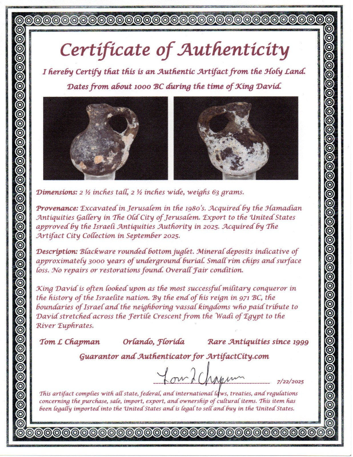 Ancient Holy Land Artifact King David Mini Jugglet Christ Home Land 1000BC COA 1