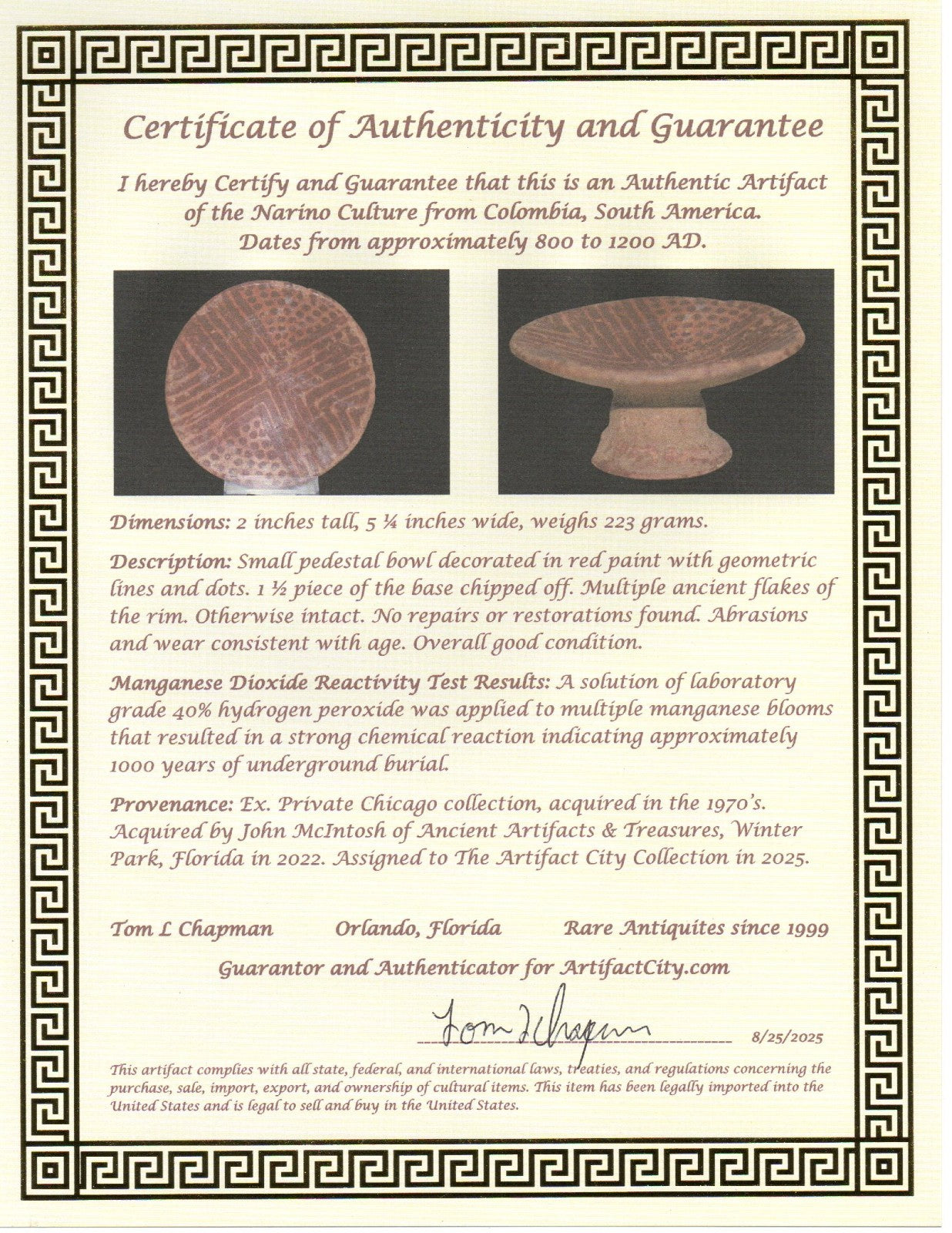 Pre Columbian Artifact Authentic Pedestal Bowl Narino Columbia 1000 AD COA J100