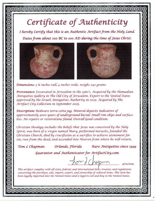 Ancient Holy Land Artifact Jug From Time of Jesus Christ 100 BC - 100 AD COA 14