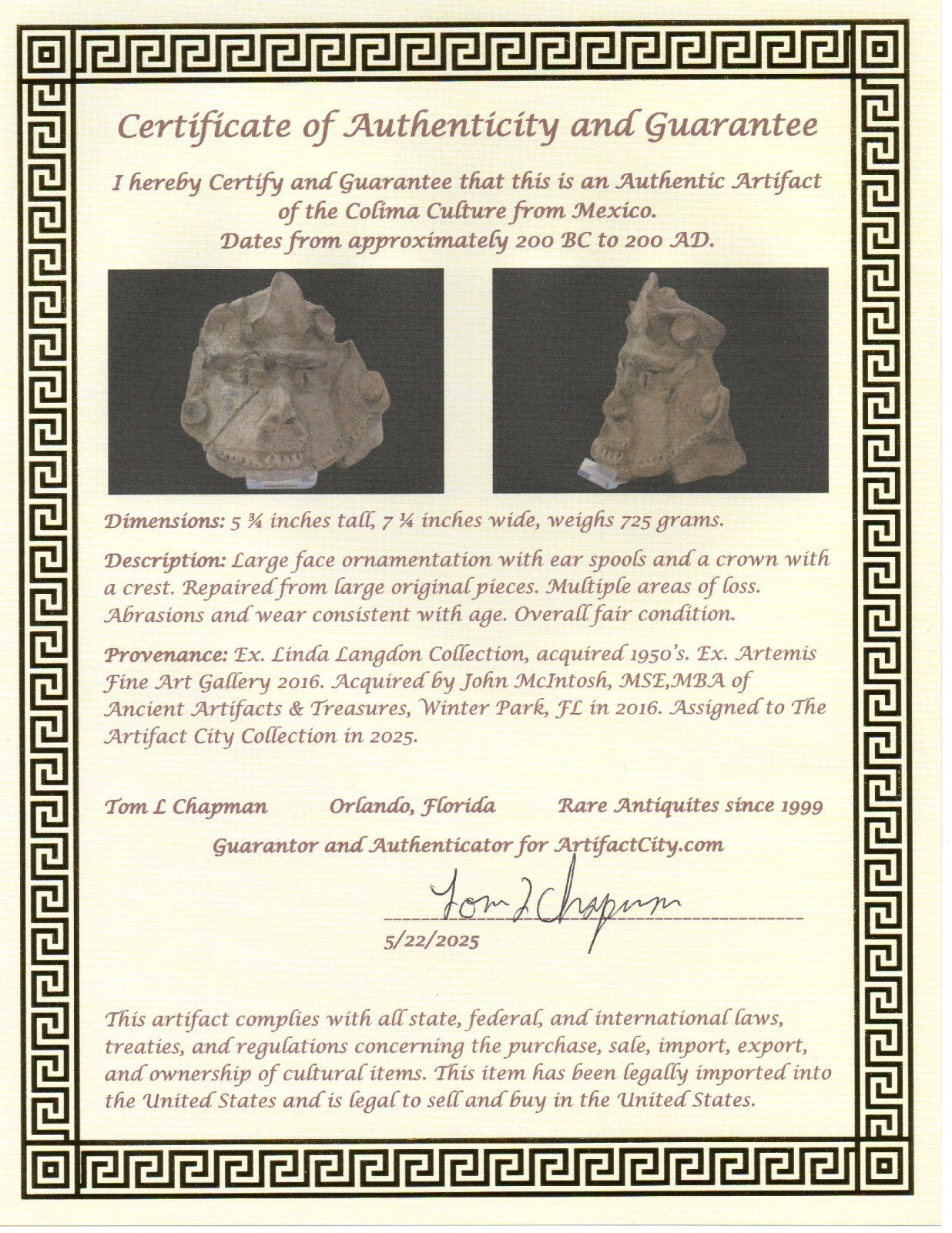 Pre Columbian Artifact Authentic Big Face Ornament Colima Mexico 200 BC COA J104