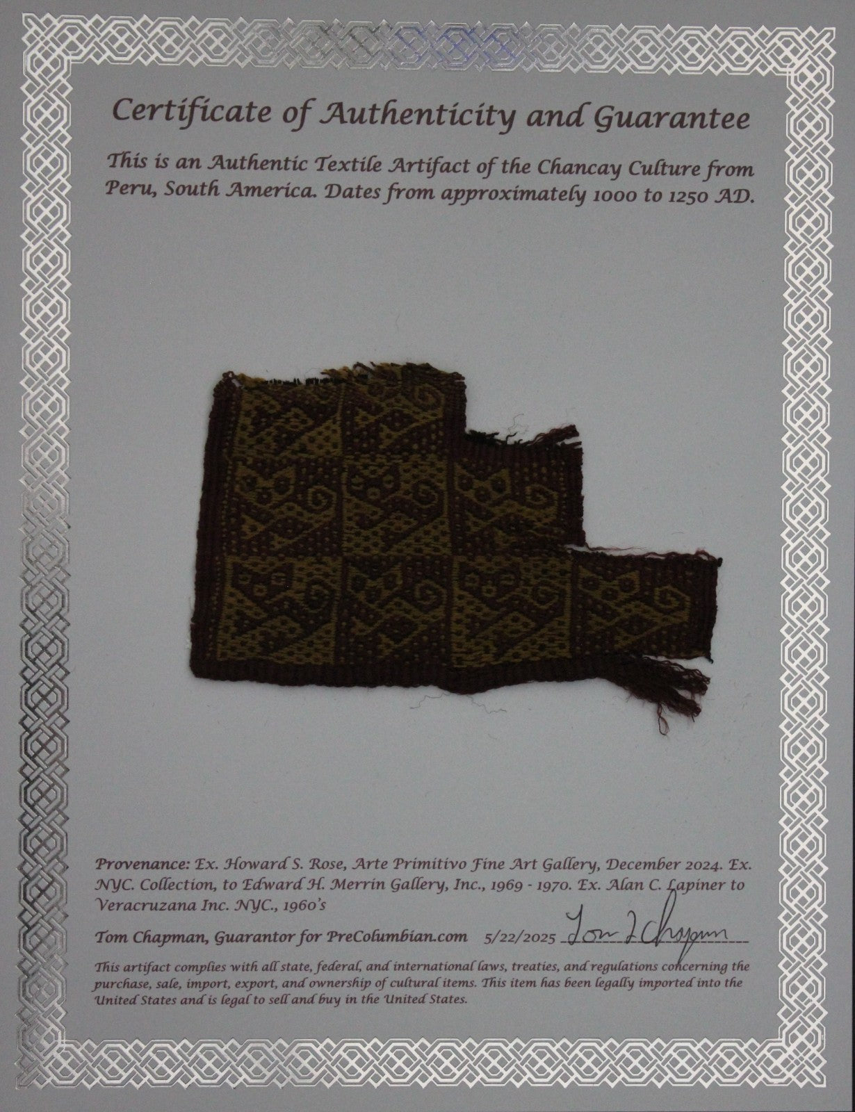 Pre Columbian Artifact Authentic Frameable Textile Border Chancay Peru COA 22