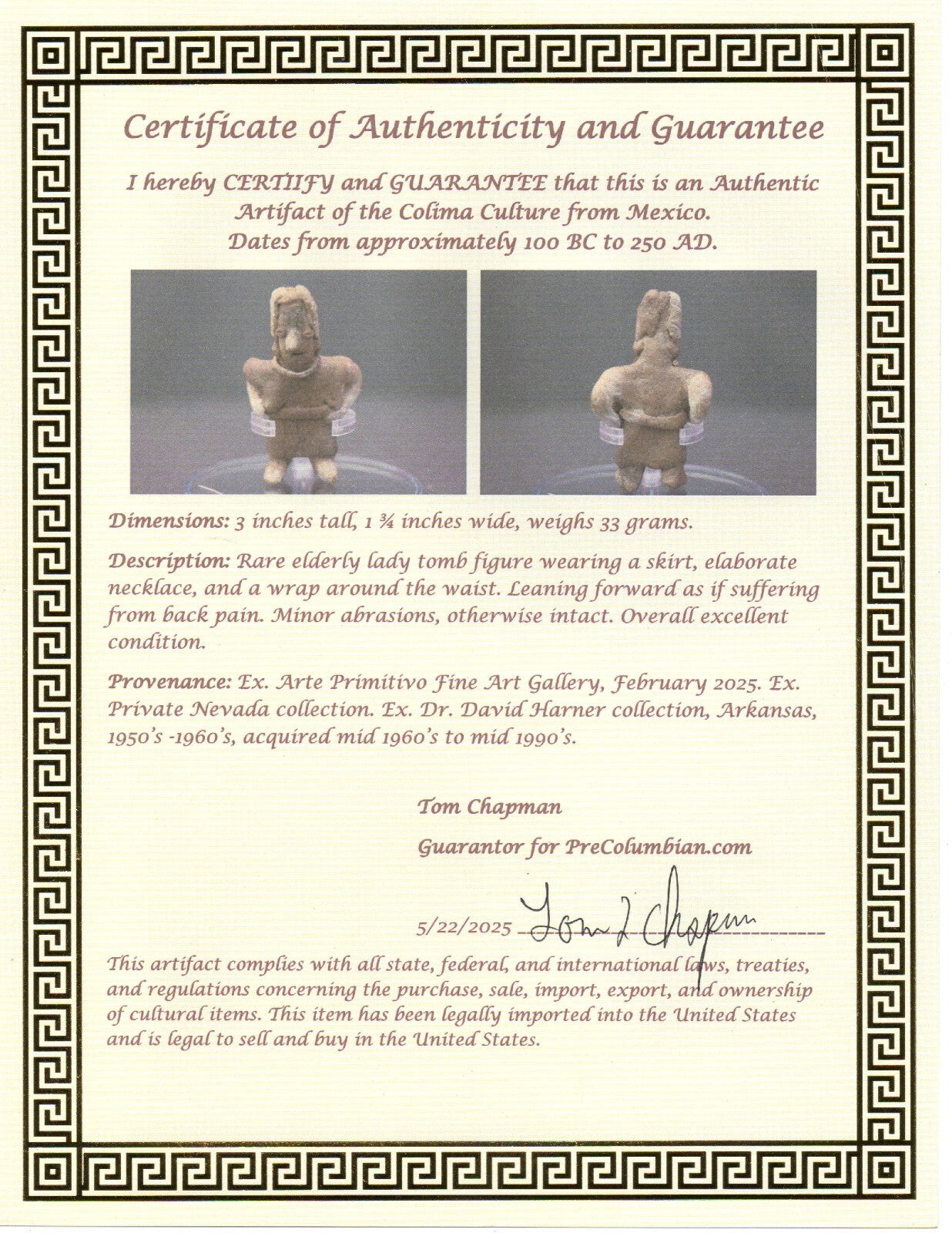 Authentic Pre Columbian Artifact Rare Grandma Tomb Figure Colima Mexico  COA 152