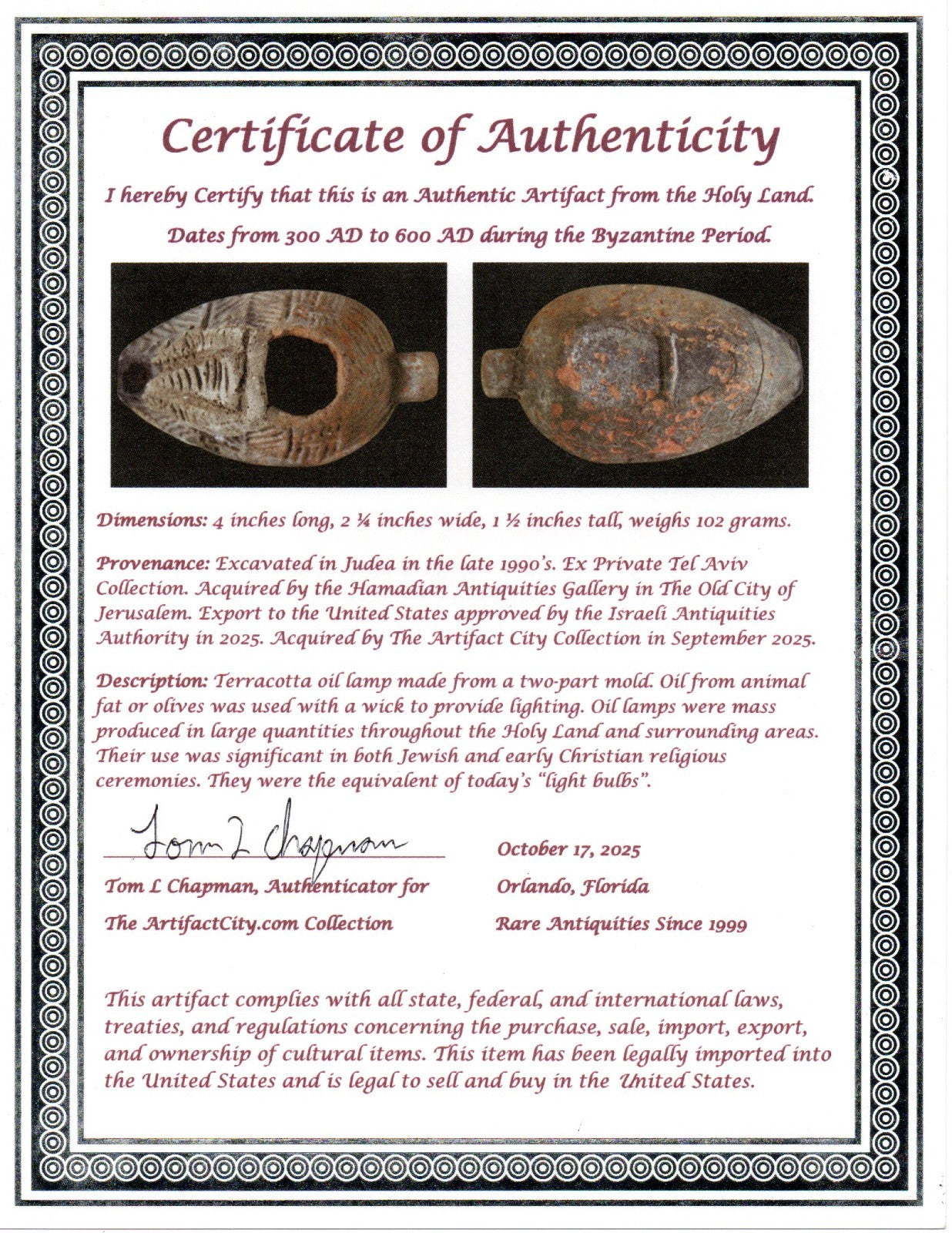 Oil Lamp Holy Land Ancient Artifact Jesus Christ Home Israel 300-600 AD COA 124