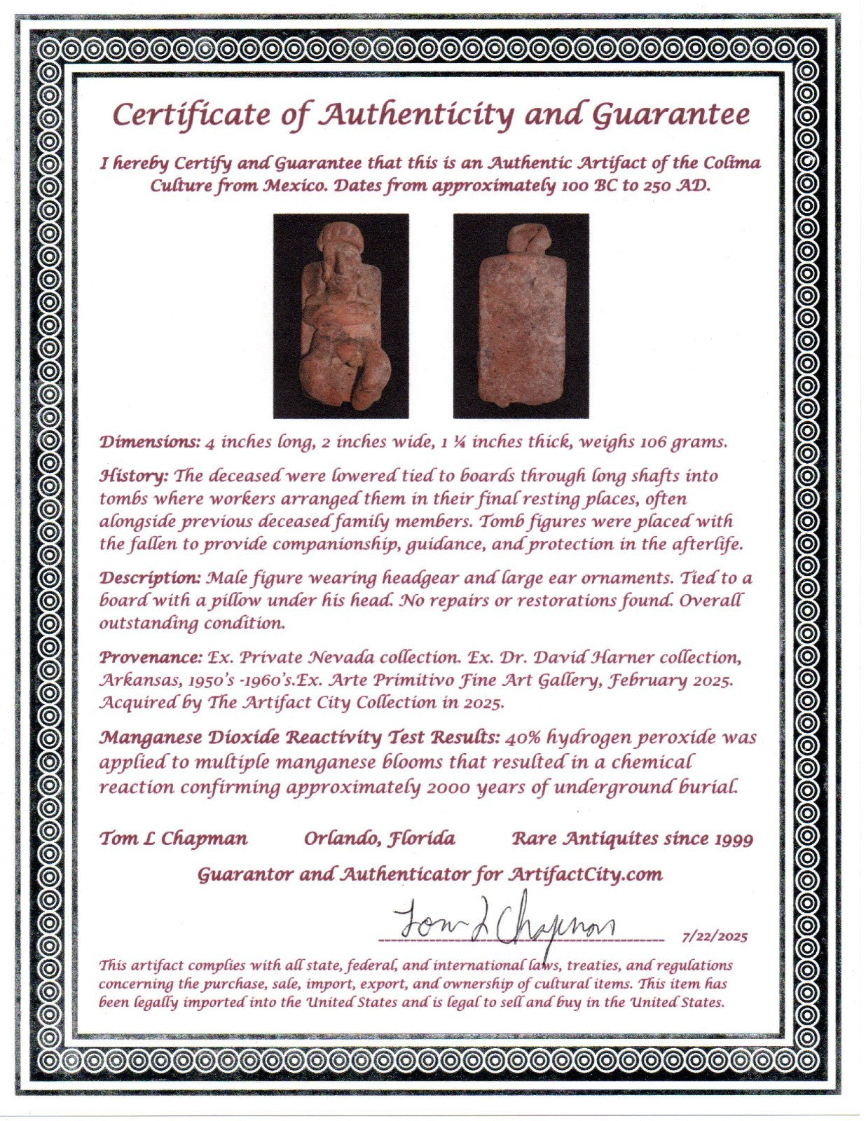 Pre Columbian Artifact Authentic Tomb Burial Figure Colima Mexico 100 BC COA 227