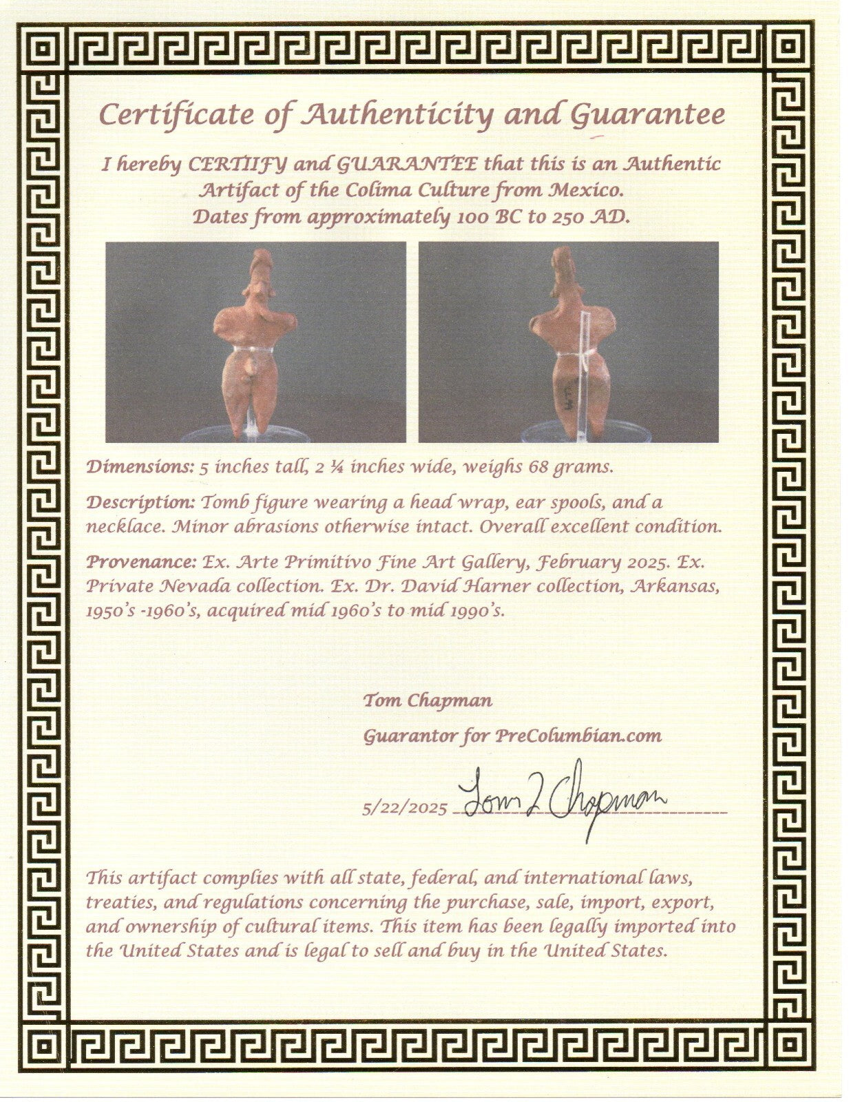 Pre Columbian Authentic Artifact Tomb Figure Colima Mexico 100 BC-250 AD COA 164