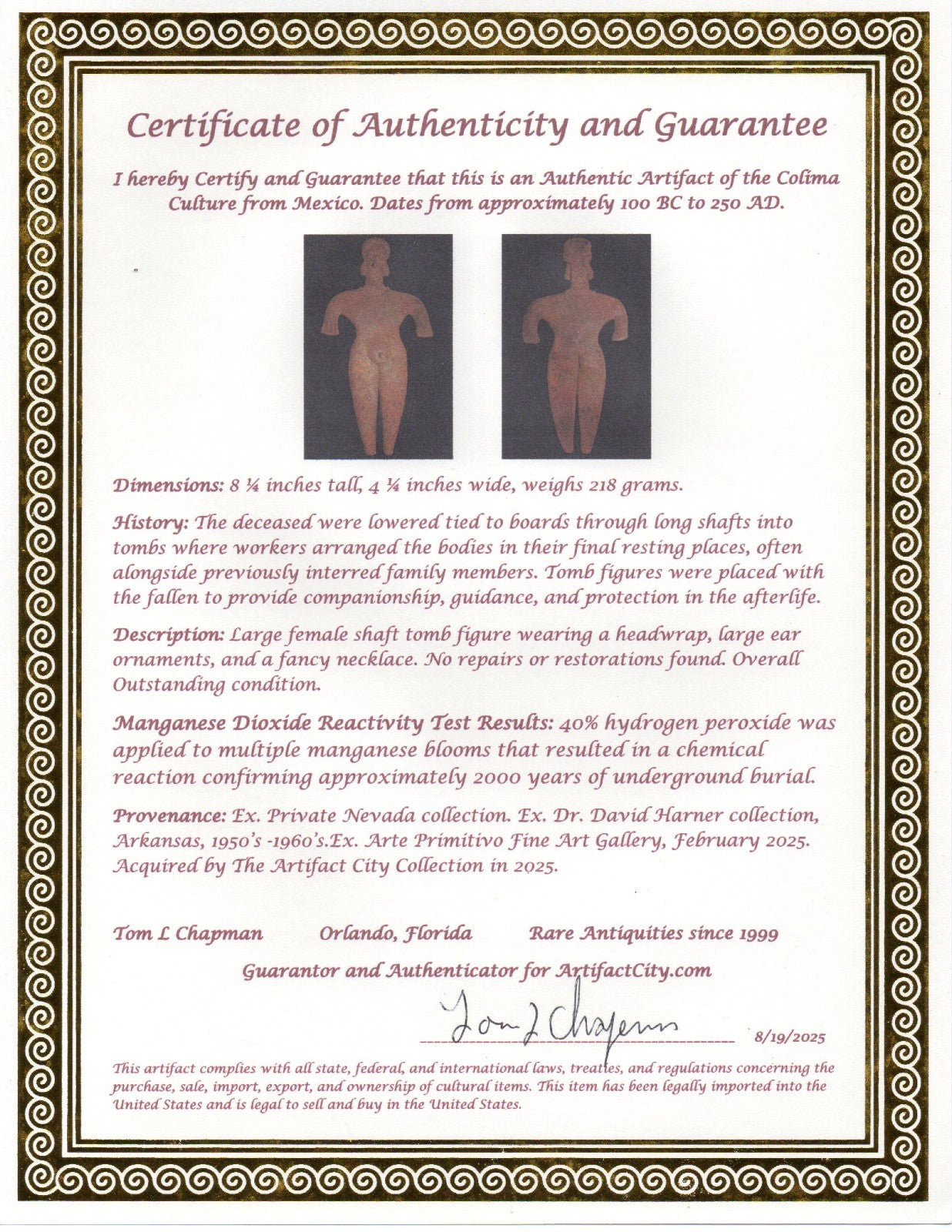 Pre Columbian Artifact 8 in Female Shaft Tomb Figure Colima Mexico 100BC COA 274