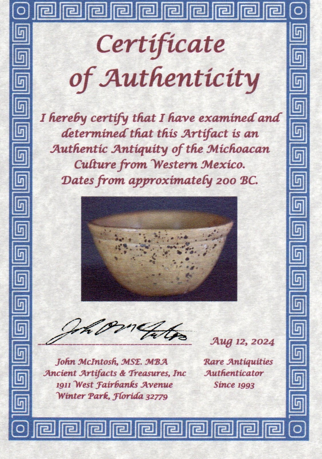 Pre Columbian Artifact Authentic Michoacan Bowl Mexico Ex Arte Primitivo T15