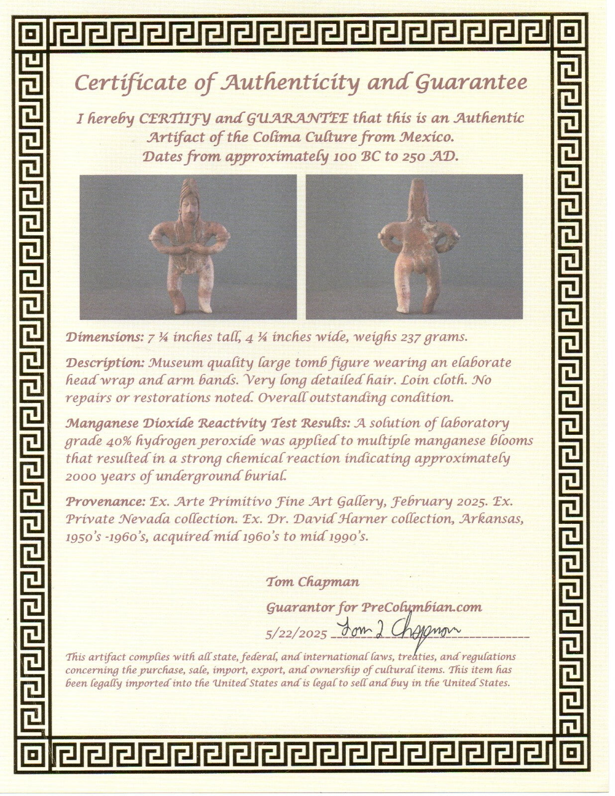 Pre Columbian Artifact Authentic Tomb Figure Colima Mexico 100 BC-250 AD COA 159