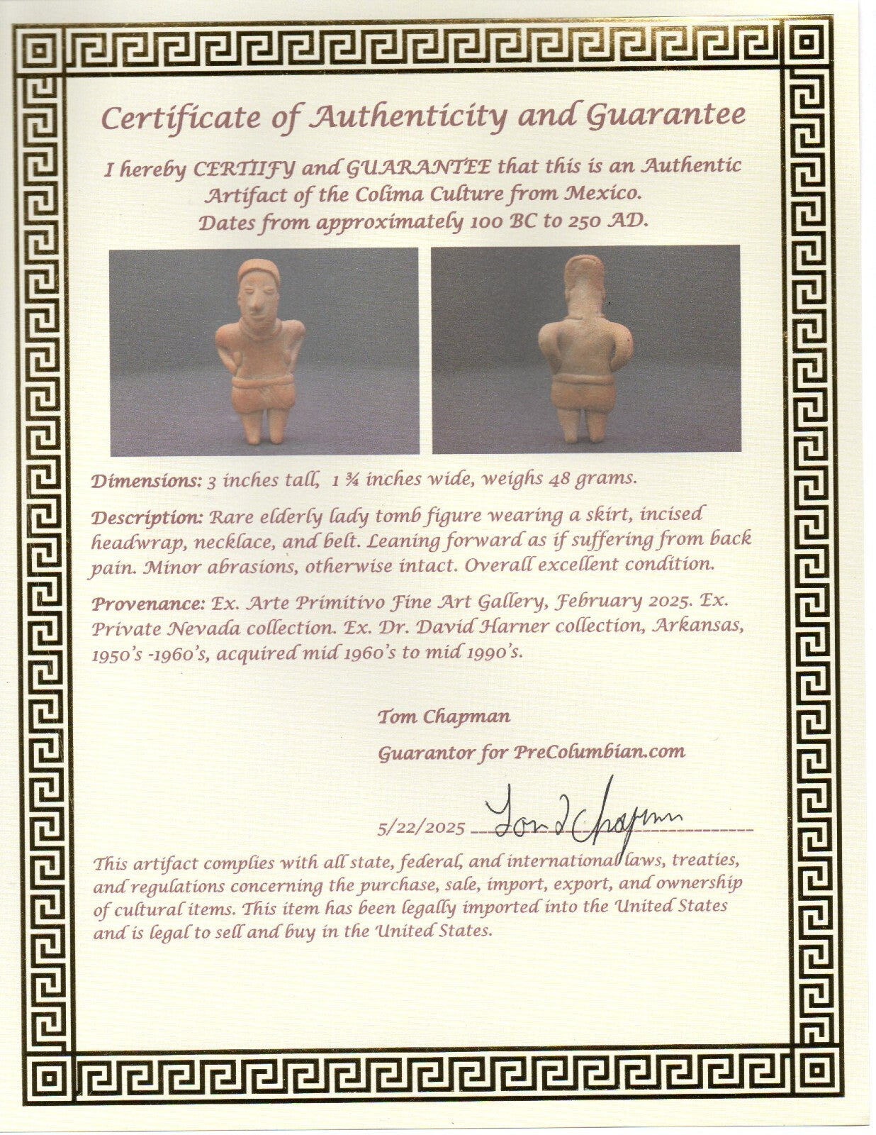 Authentic Pre Columbian Artifact Rare Grandma Tomb Figure Colima Mexico COA 155