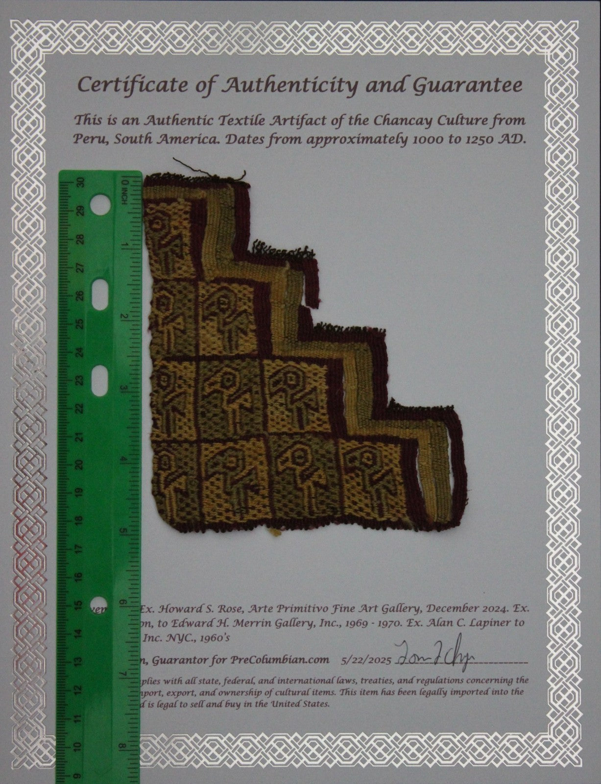 Pre Columbian Artifact Authentic Frameable Textile Border Chancay Peru COA 13