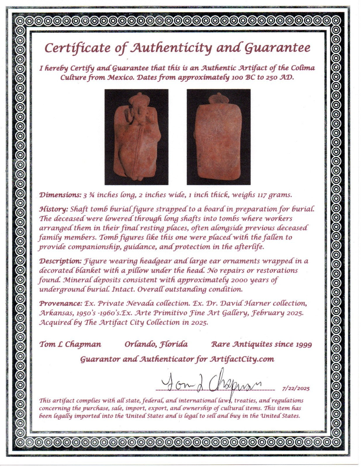 Pre Columbian Artifact Authentic Tomb Burial Figure Colima Mexico 100 BC COA 225