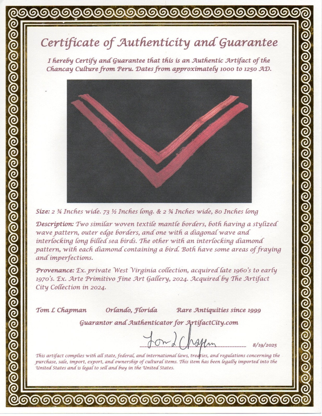 Pre Columbian Artifacts 2 Long Textile Borders Chancay Peru 1000-1250 AD COA 276