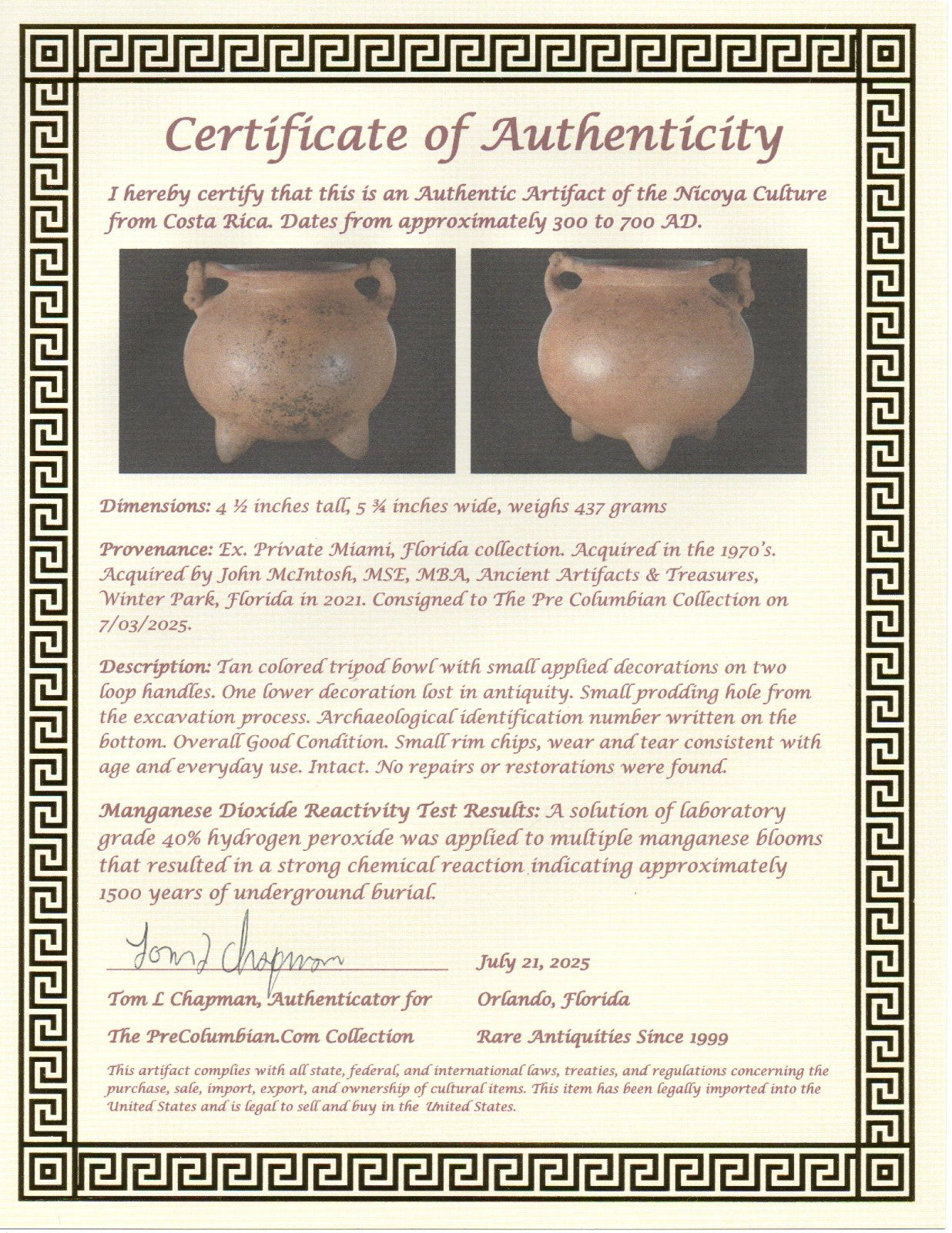 Pre Columbian Authentic Artifact  Tripod Bowl Nicoya Costa Rica 700 AD COA J07