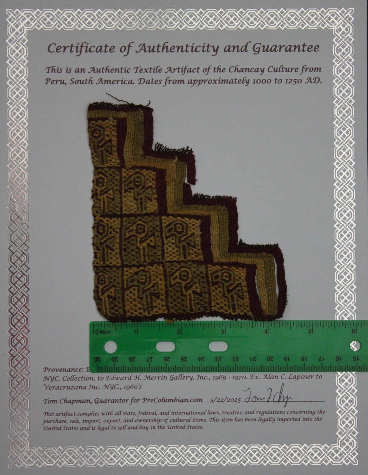 Pre Columbian Artifact Authentic Frameable Textile Border Chancay Peru COA 13
