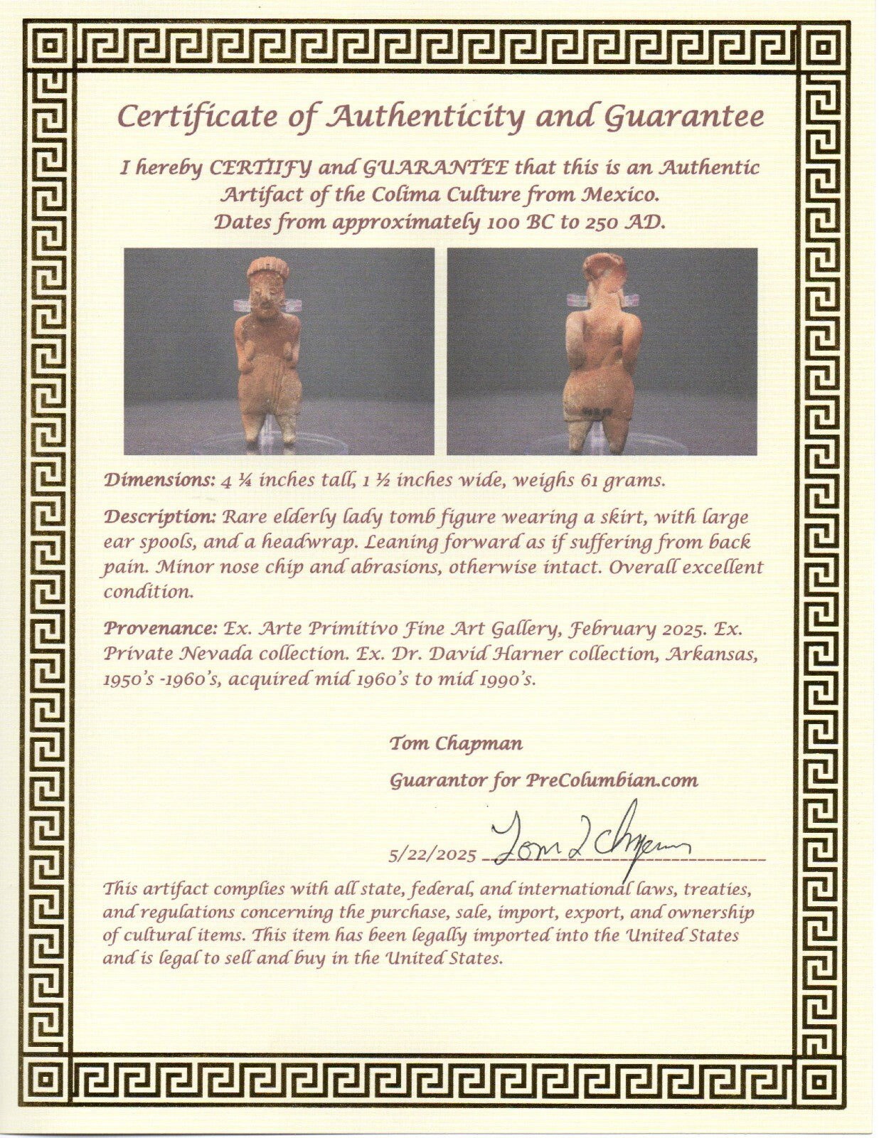 Pre Columbian Artifact Authentic Rare Grandma Tomb Figure Colima Mexico  COA 145