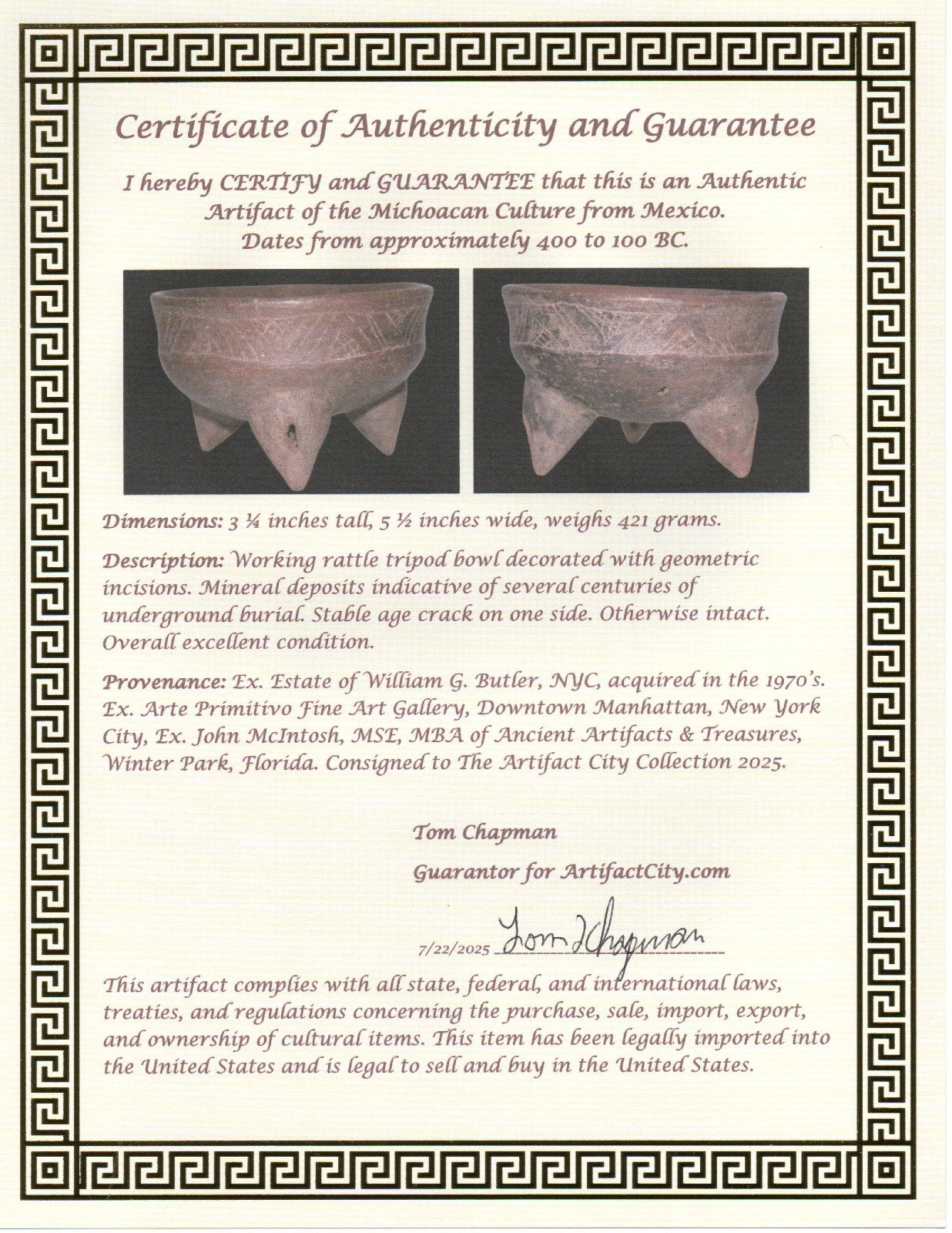 Pre Columbian Authentic Artifact Michoacan Tripod Rattle Bowl Mexico COA J16