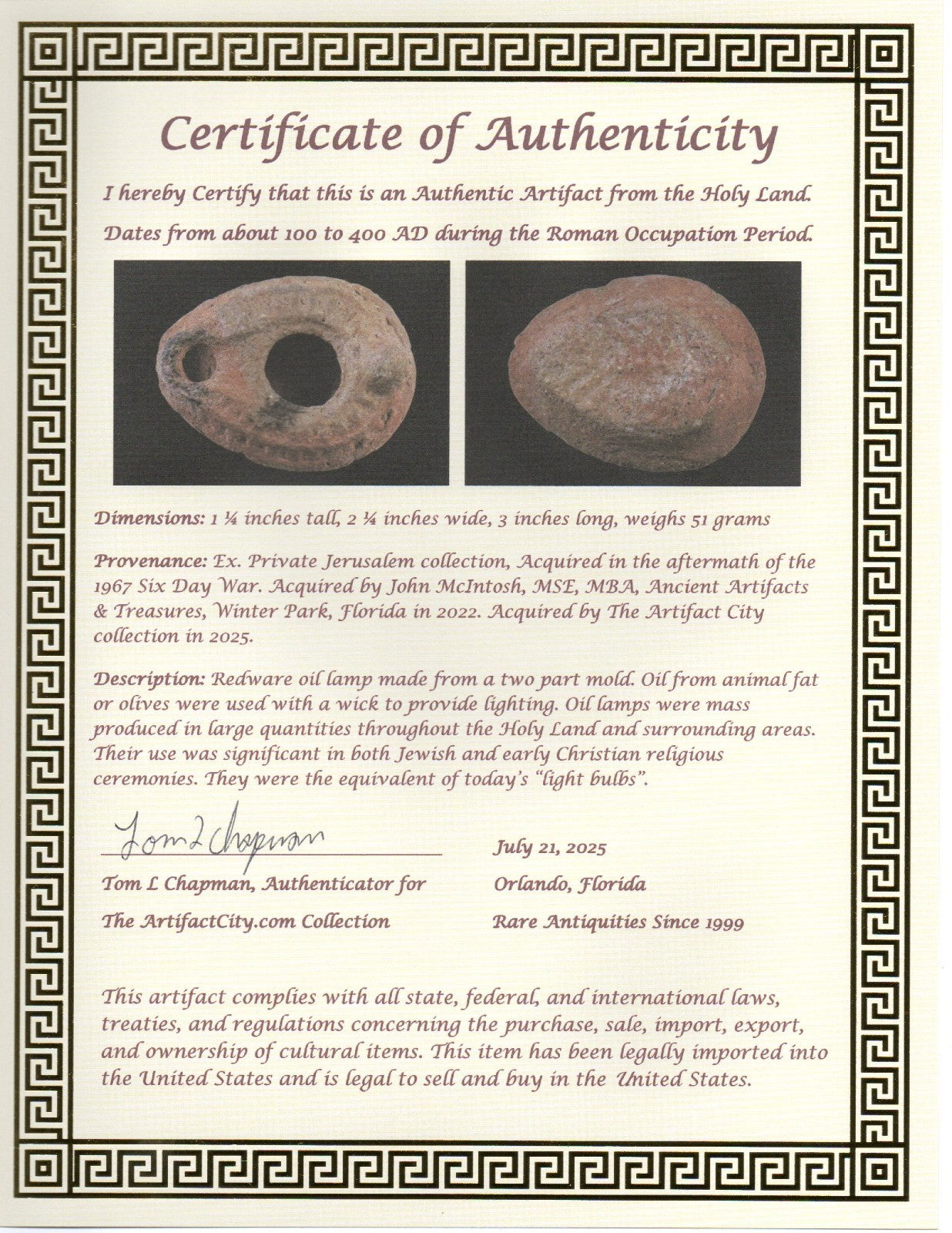 Ancient Holy Land Oil Lamp Artifact Jesus Christ Homeland 100 - 400 AD COA L11