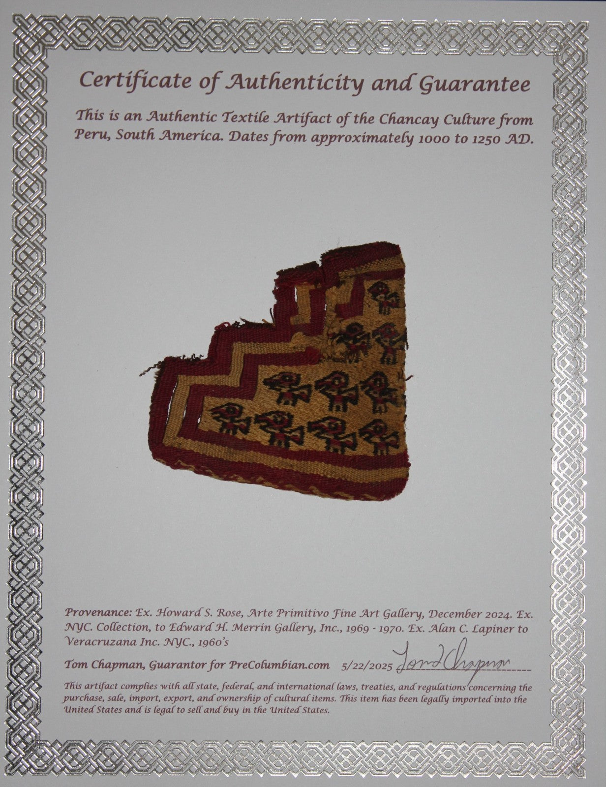 Pre Columbian Artifact Authentic Frameable Textile Border Chancay Peru COA 02