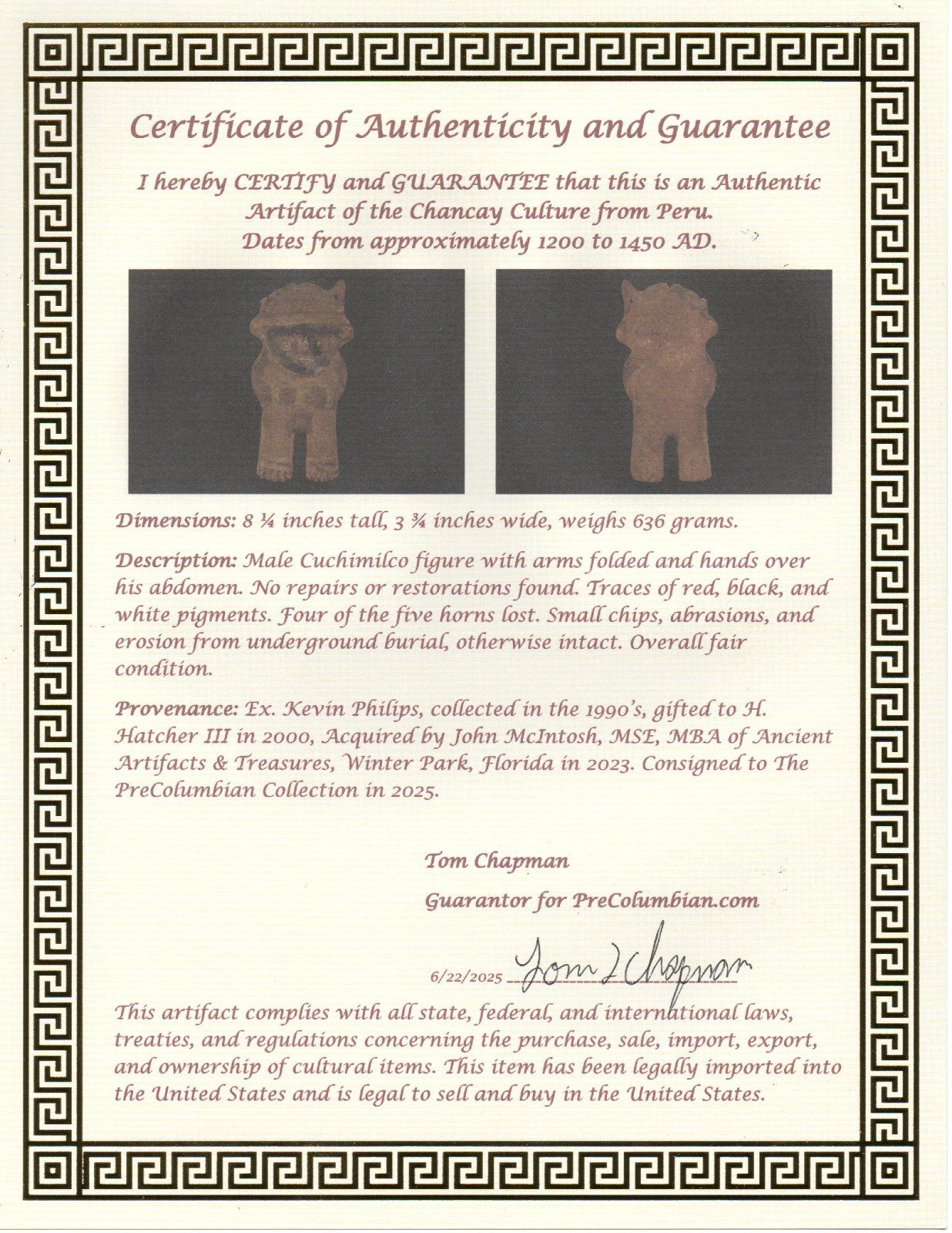 Pre Columbian Authentic Artifact Chancay Male Figure Peru 1200-1450AD COA J41