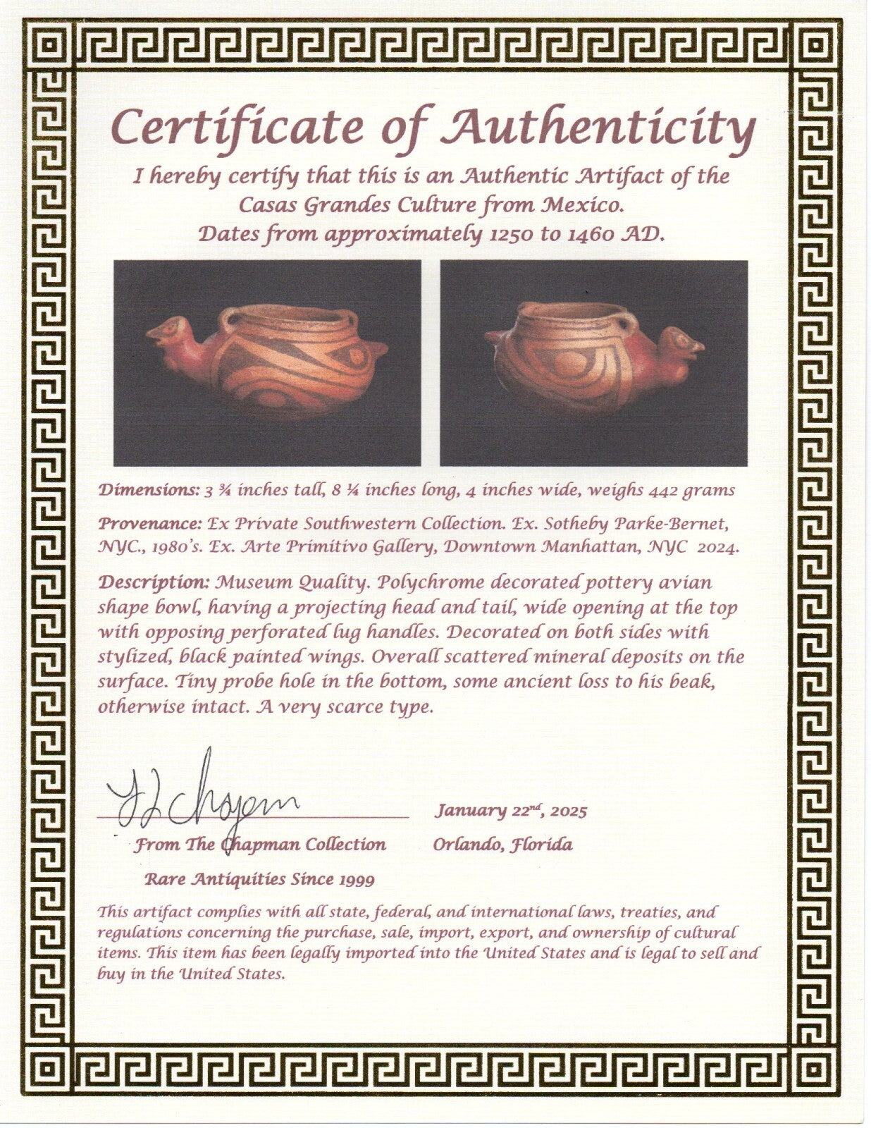 Ex Sotheby's Authentic Pre Columbian Artifact Casas Grandes Avian Bowl COA T113