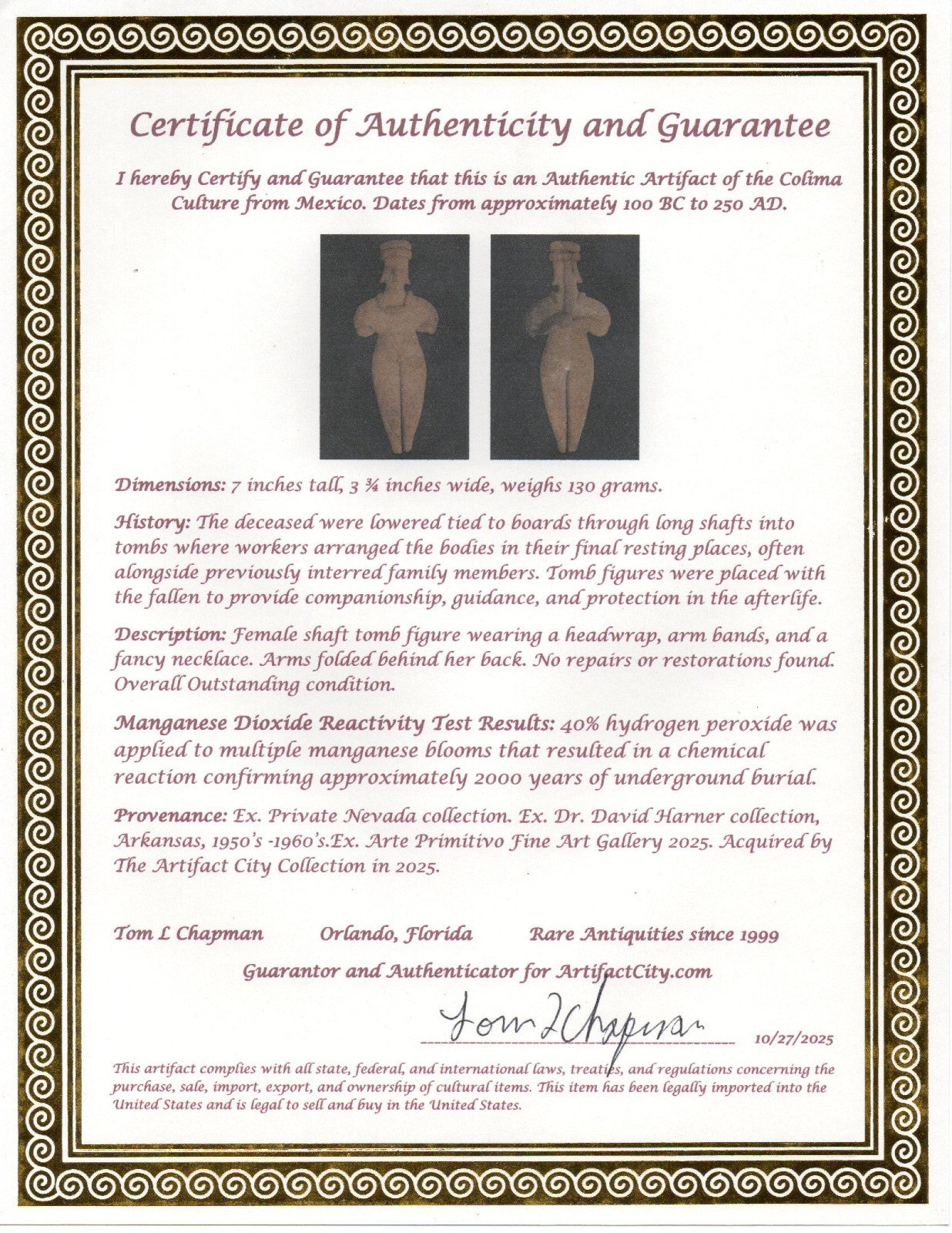 Pre Columbian Artifact 7 in Female Shaft Tomb Figure Colima Mexico 100BC COA 278