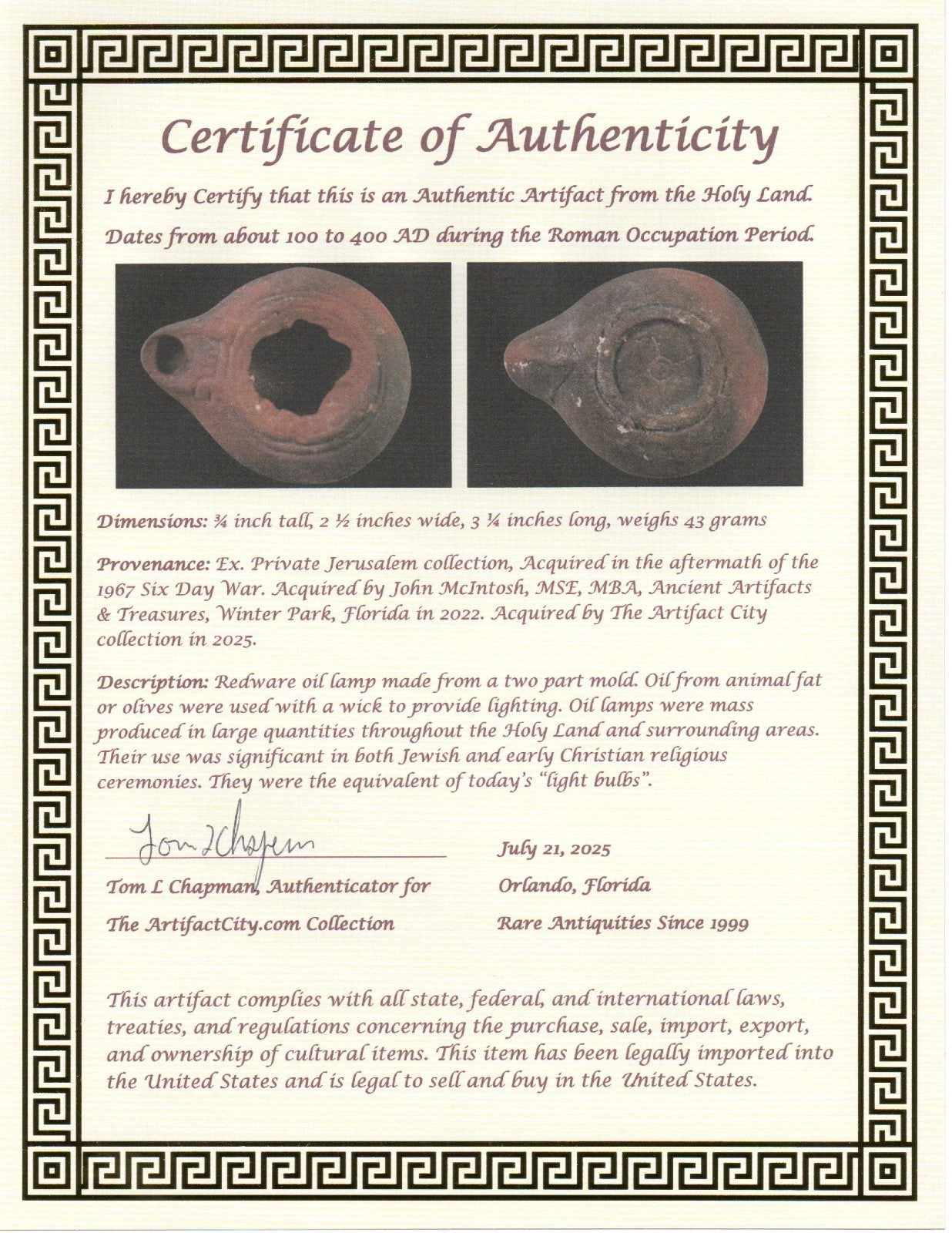 Ancient Holy Land Oil Lamp Artifact Jesus Christ Homeland 100 - 400 AD COA L06