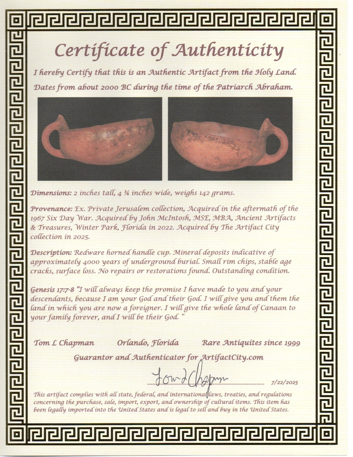Ancient Holy Land Artifact 4000 Year Old Cup Time of Abraham 2000 BC COA J113