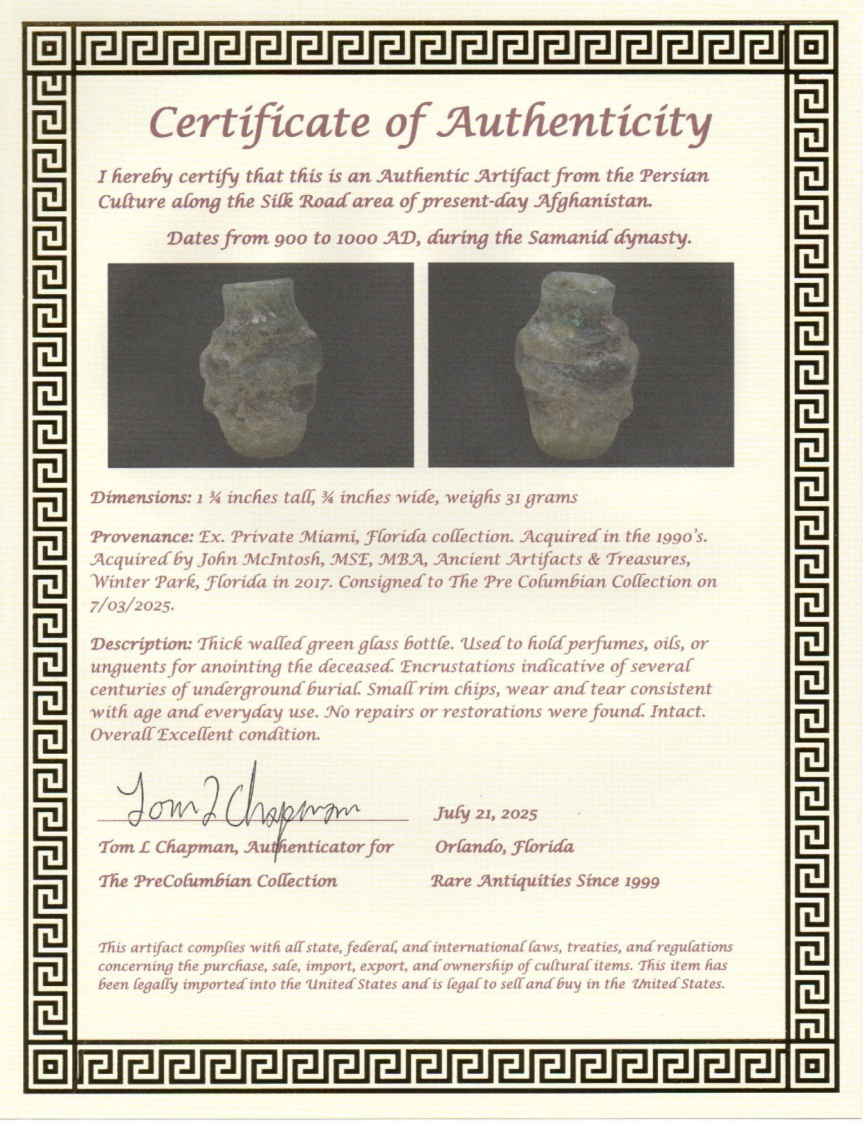 Authentic Persian Artifact Glass Bottle 900-1000 AD Silk Road Hoard COA J27