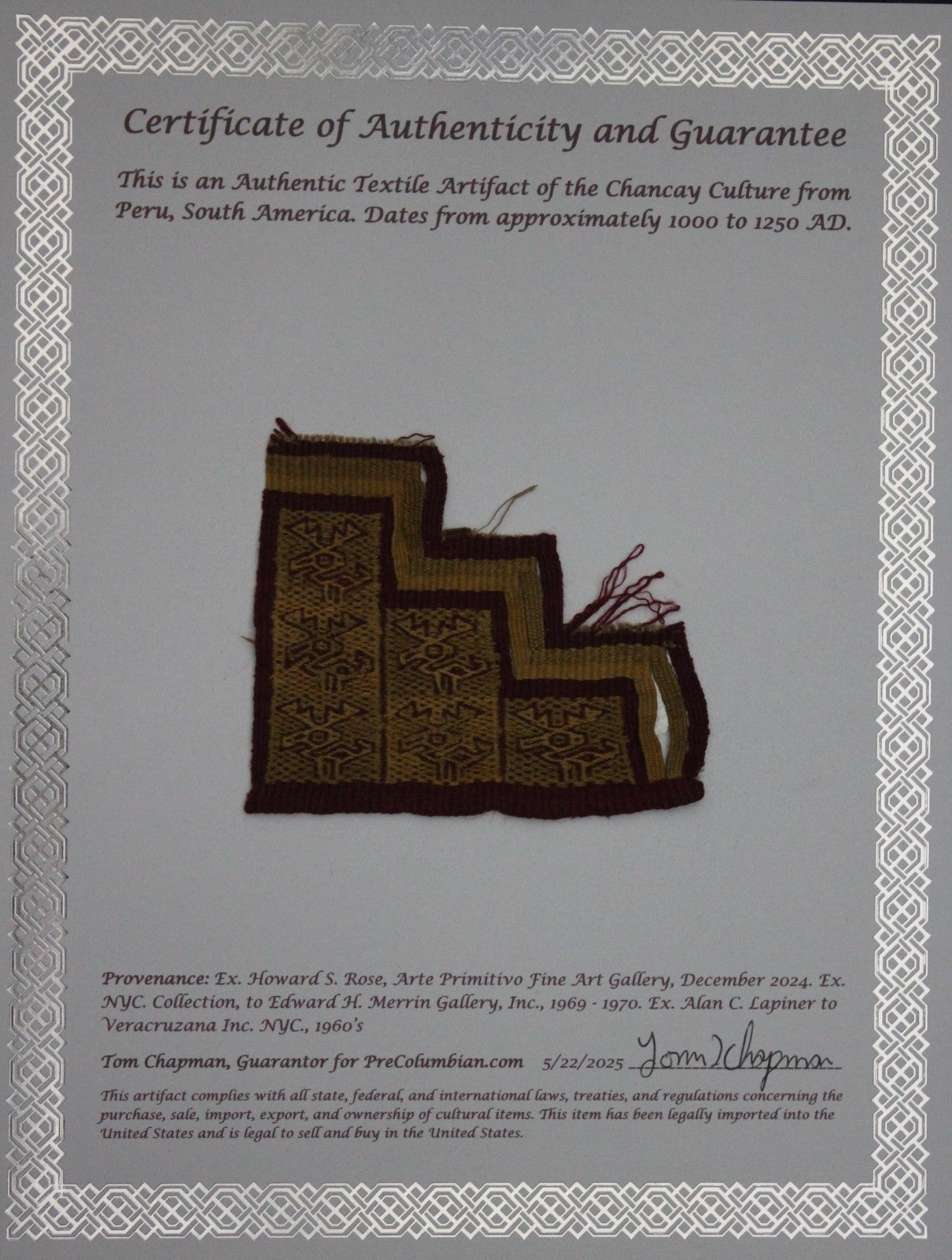 Pre Columbian Authentic Artifact Frameable Textile Border Chancay Peru COA 26