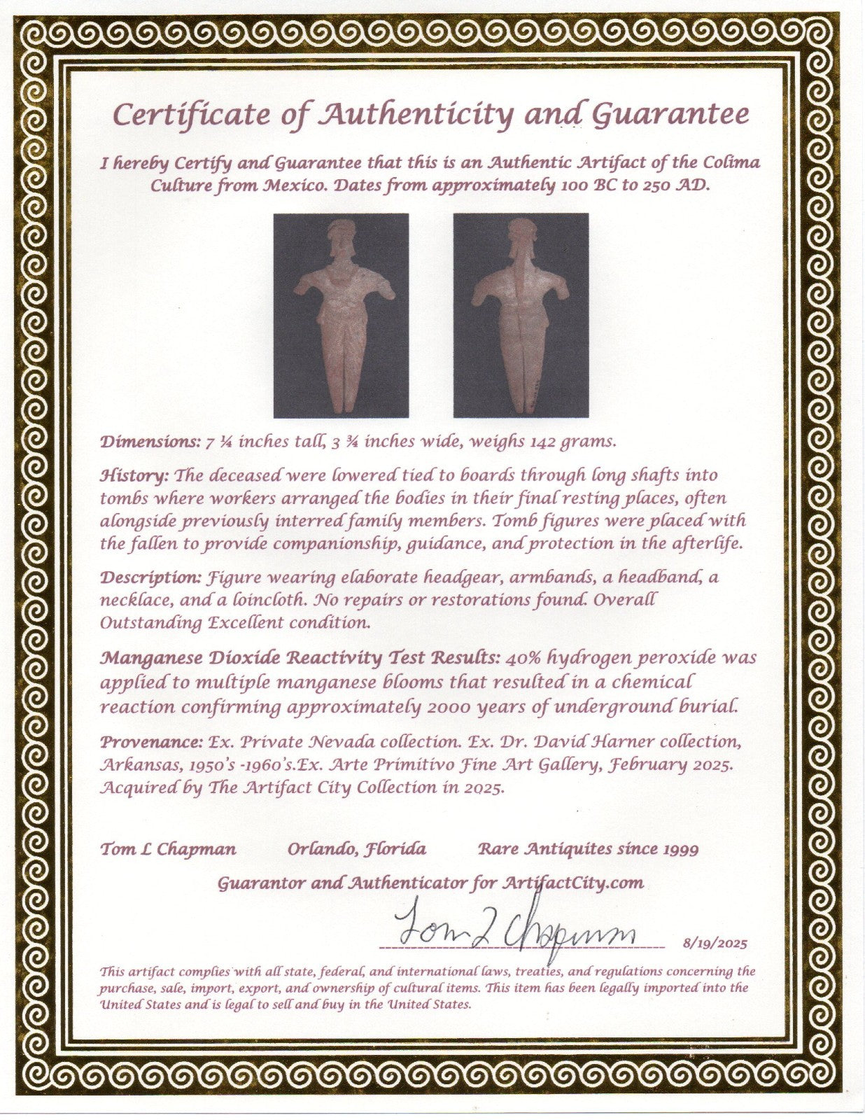 Pre Columbian Artifact 7 inch Shaft Tomb Figure Colima Mexico 100 BC COA 260