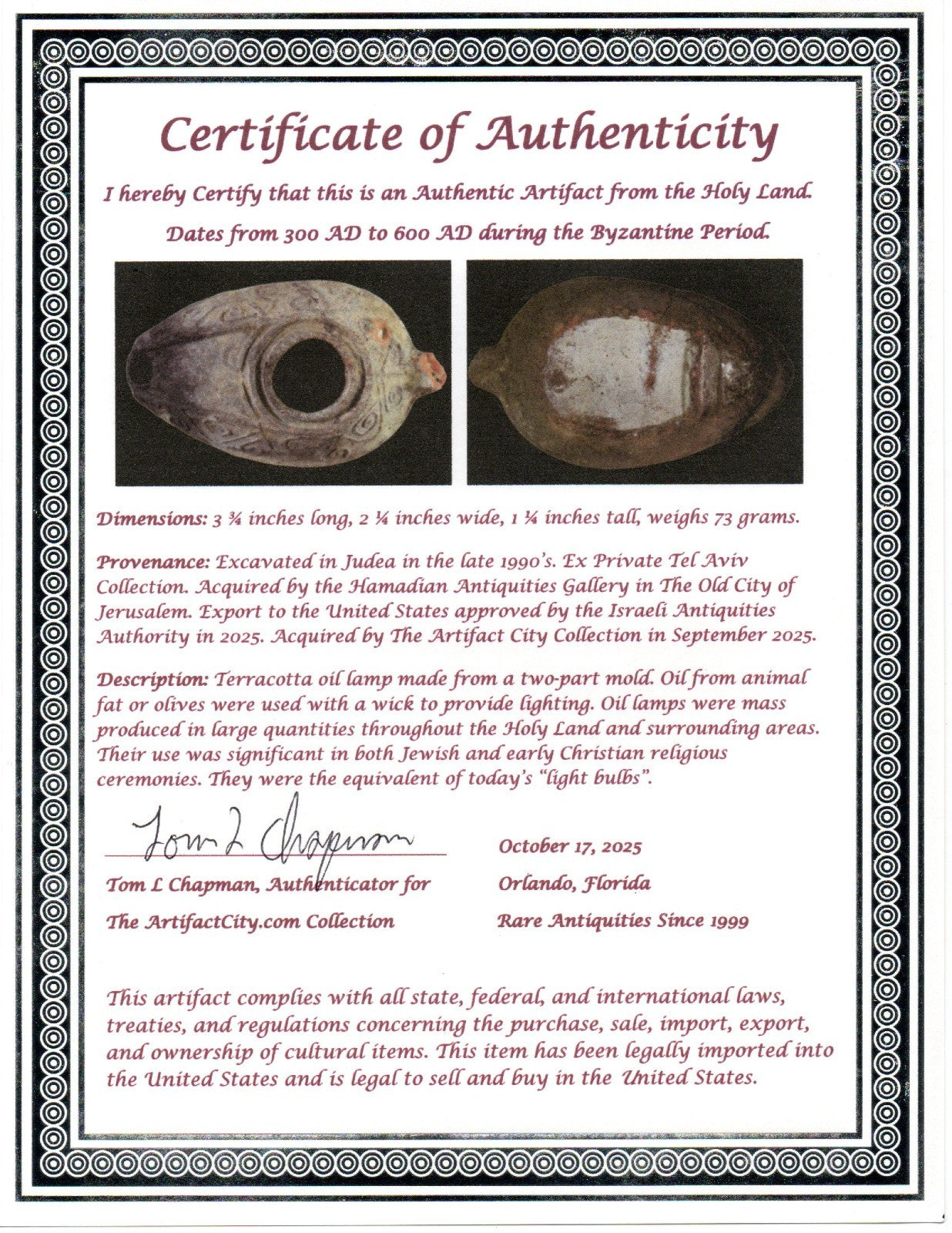 Oil Lamp Holy Land Ancient Artifact Jesus Christ Home Israel 300-600 AD COA 80