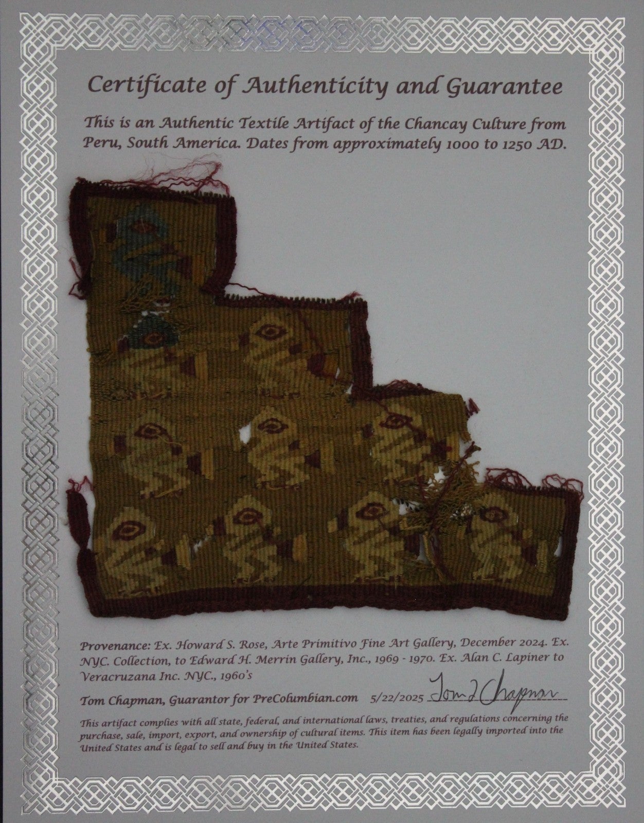 Pre Columbian Authentic Artifact Frameable Textile Border Chancay Peru COA 34